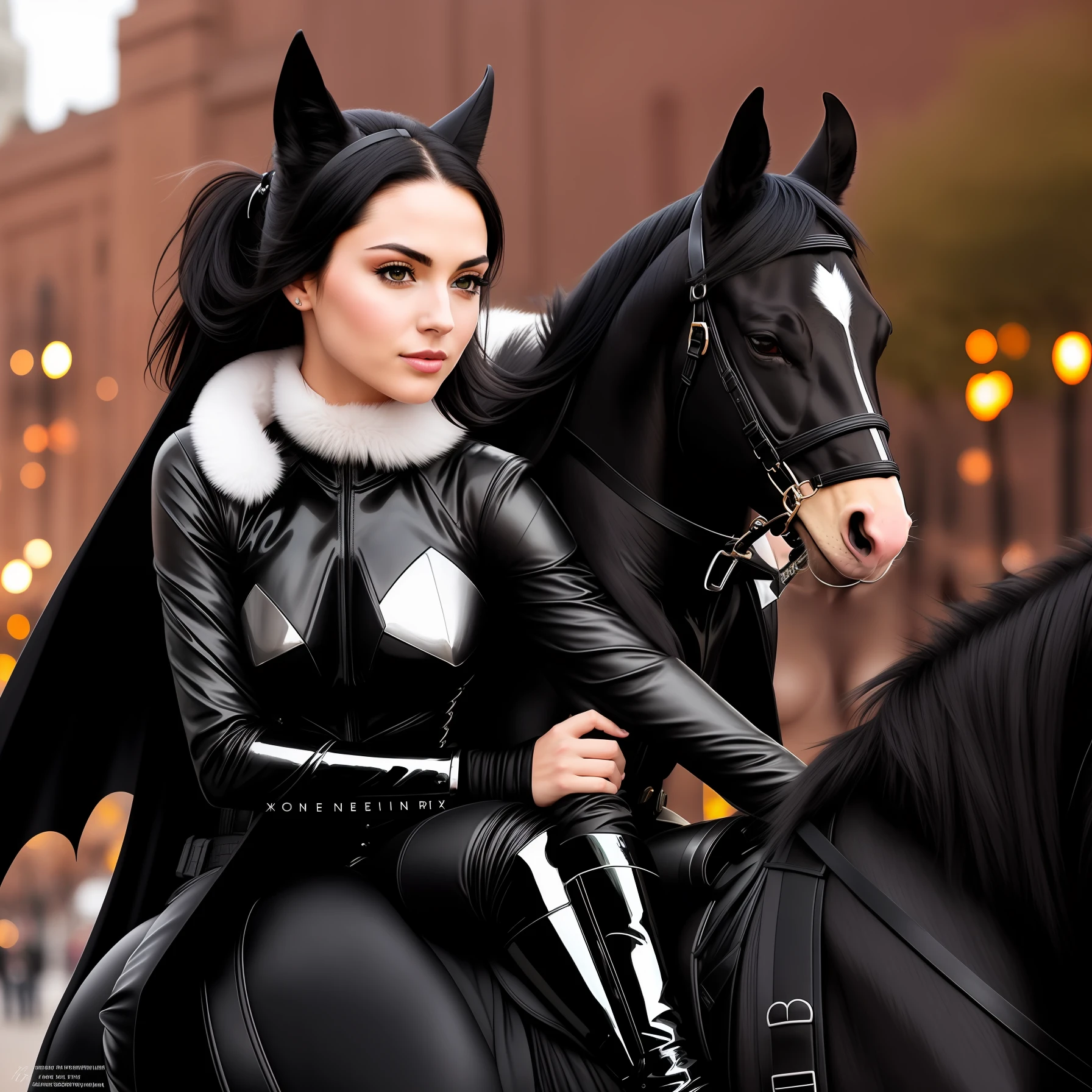 batman and catwoman riding together on the same horse ((a beautiful, strong, shiny fur, black and expressive eyes, Black Steed)), Batman is riding bareback without a saddle on the Black Corvel and Catwoman is sitting in front of him on the Black Steed, are riding in Gotham city municipal park, a beautiful couple on valentine's day, realistic, high definicion, ultra resolution, ultra definicion, detailed, Fujifilm XT3, Dark ilumination, intensity, dramatic, romantic, 64k