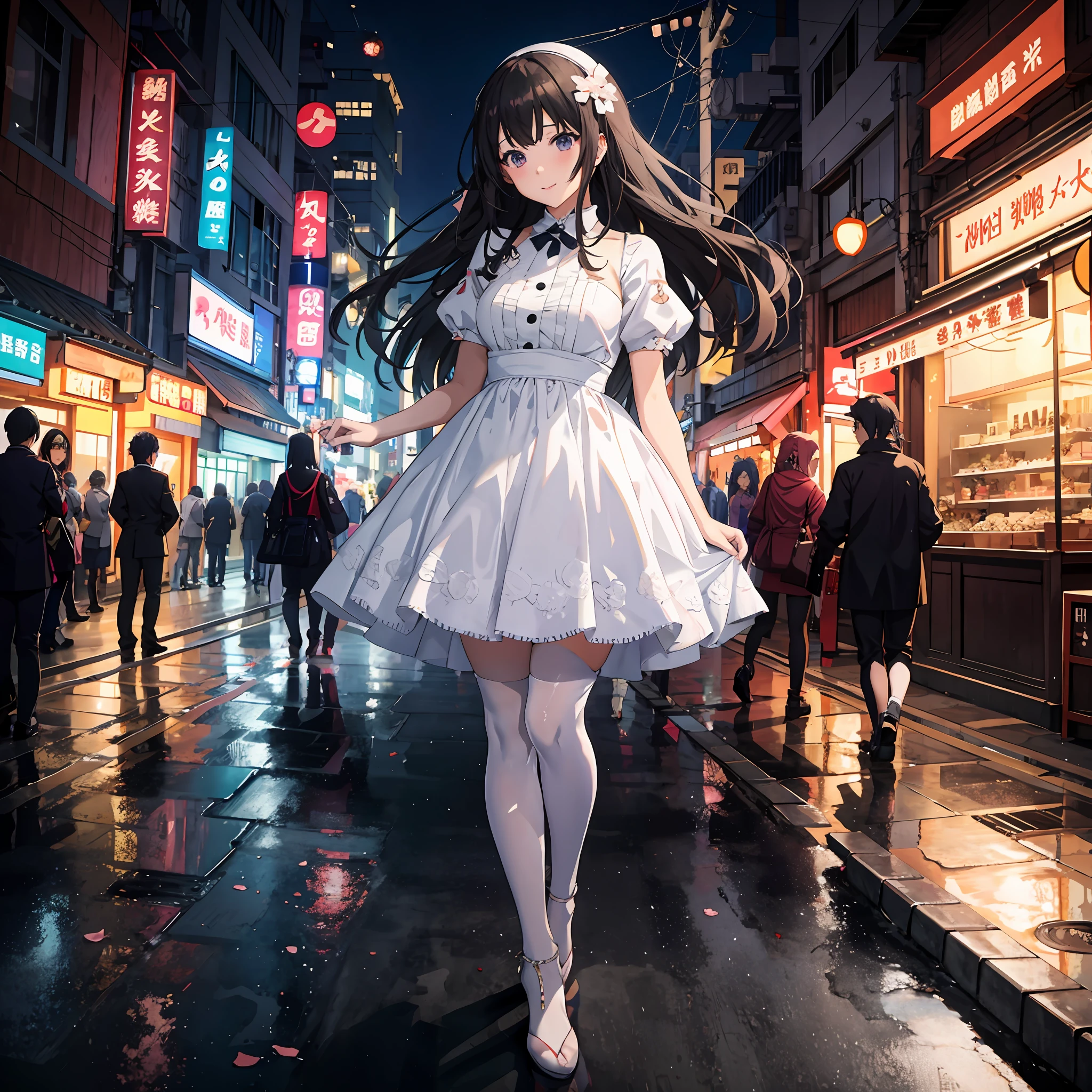 anime girl in white dress walking down a city street at night, anime girl cosplay, anime girl in real life, anime style mixed with fujifilm, tokyo anime scene, cyberpunk streets in japan, anime girl in a maid costume, anime style 4 k, anime style. 8k, hanayamata, cute anime waifu in a nice dress, beautiful anime girl