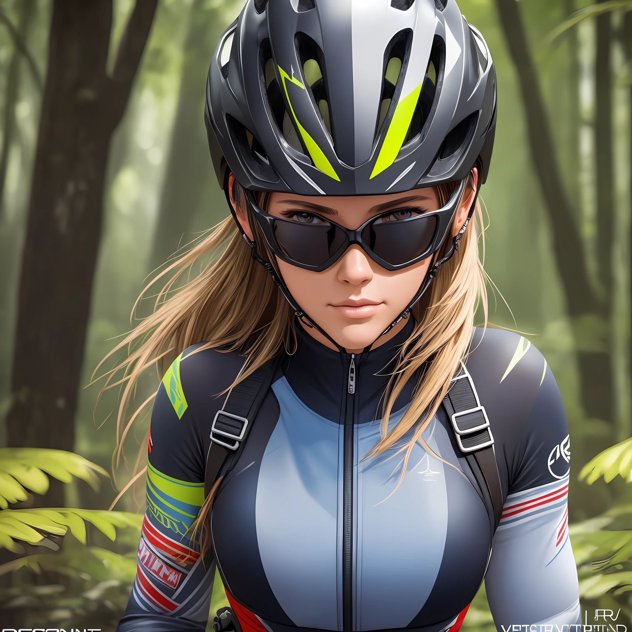 Vector art of an ultra-detailed art hyper-realistic of a full body female Southamerian mountainbiker in nature, cycling outfit, helmet cycling, sunglasses, detailed face, exquisite detail, 30 megapixels, 4k, diffused backlight, award winning photography, looking at camera, looking for the camera, monovisions, perfect contrast, high sharpness, facial symmetry, depth of field, ultra-detail photography, ray tracing, global illumination, smooth, ultra high definition, 8k, unreal engine 5, ultra sharp focus, award winning photography, trending in artstation.