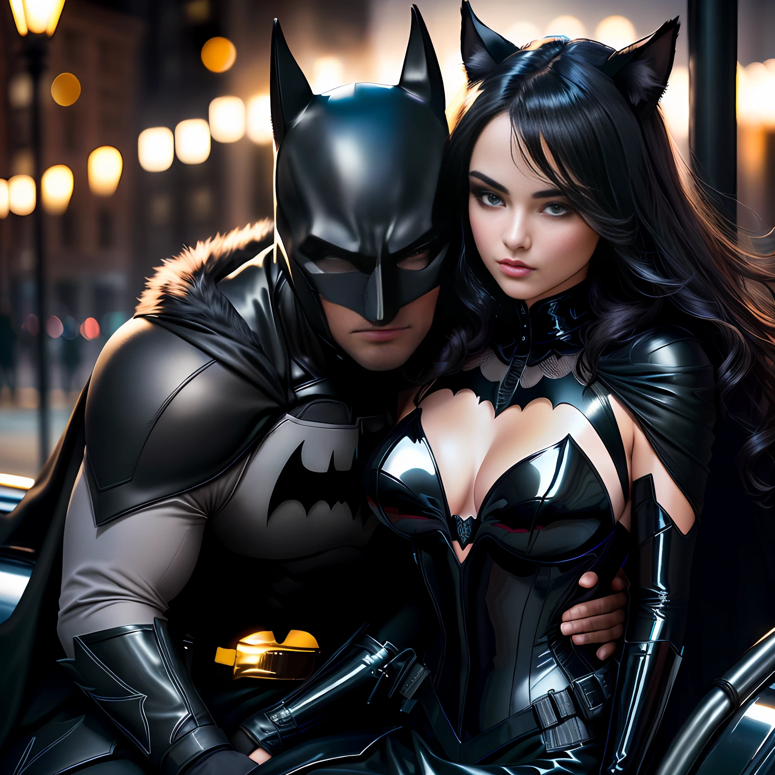 batman and catwoman riding together on the same horse ((a beautiful, strong, shiny fur, black and expressive eyes, Black Steed)), Batman is riding bareback without a saddle on the Black Corvel and Catwoman is sitting in front of him on the Black Steed, are riding in Gotham city municipal park, a beautiful couple on valentine's day, realistic, high definicion, ultra resolution, ultra definicion, detailed, Fujifilm XT3, Dark ilumination, intensity, dramatic, romantic, 64k