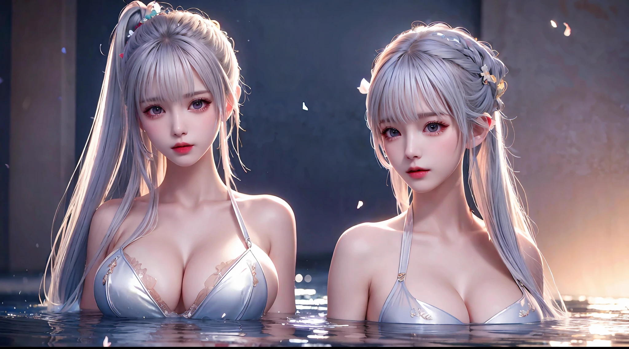 Silver hair, double bun, upper body, standing in water, parted bangs, modern, surreal, film lighting, chiaroscuro, masterpiece, textured skin, high resolution, high quality, high detail, beautiful face, big breasts, obvious cleavage, translucent clothes, falling petals