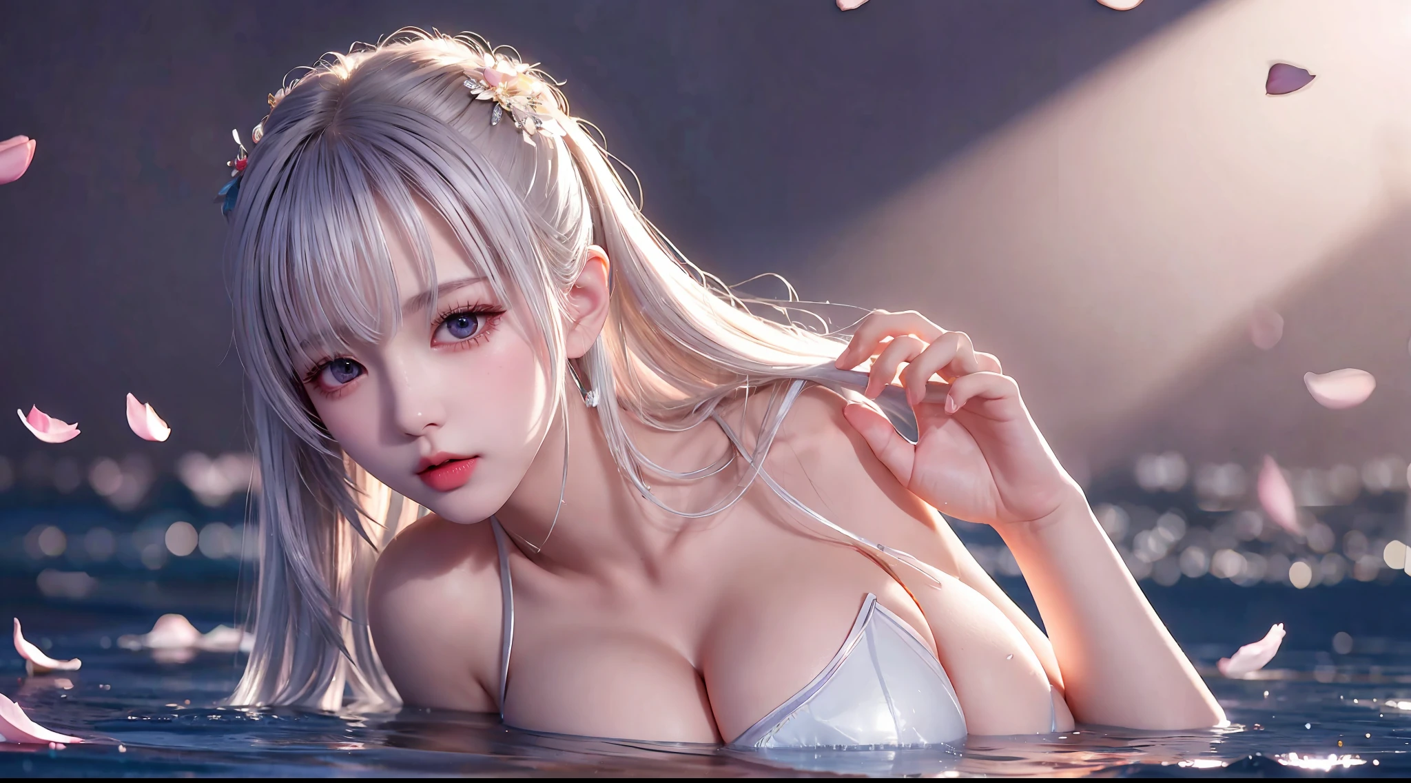 Silver hair, double bun, upper body, standing in water, parted bangs, modern, surreal, film lighting, chiaroscuro, masterpiece, textured skin, high resolution, high quality, high detail, beautiful face, big breasts, obvious cleavage, translucent clothes, falling petals