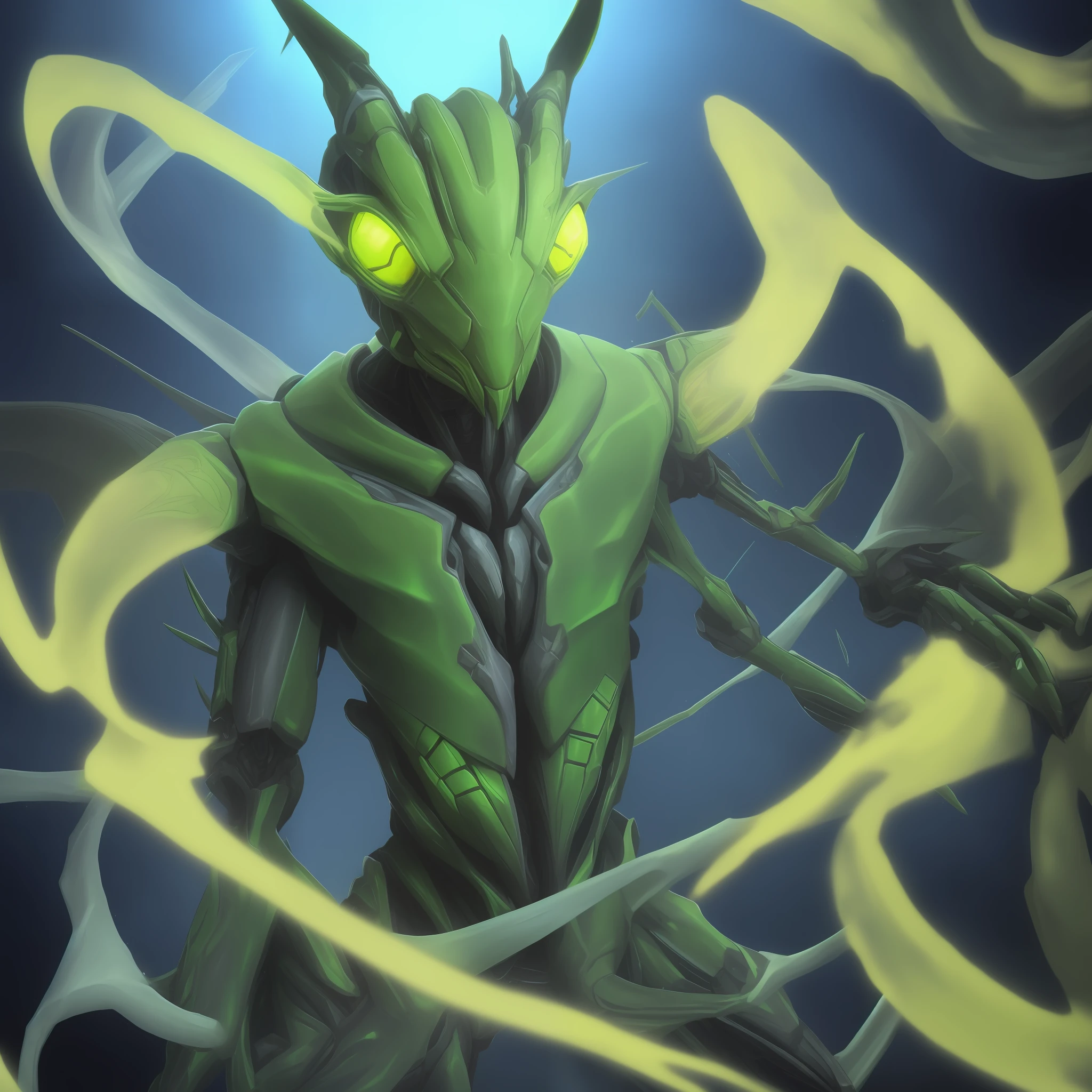 there is a green alien with yellow eyes standing in the dark, insectoid, alien in the form of mantis, portrait of an insectoid, sci-fi lizard alien, mantis head monster god temple, intricate glowing mecha armor, lizardman art, protoss!!, protoss!!!!, protoss, sci-fi lizardman, vegetal dragon cyborg