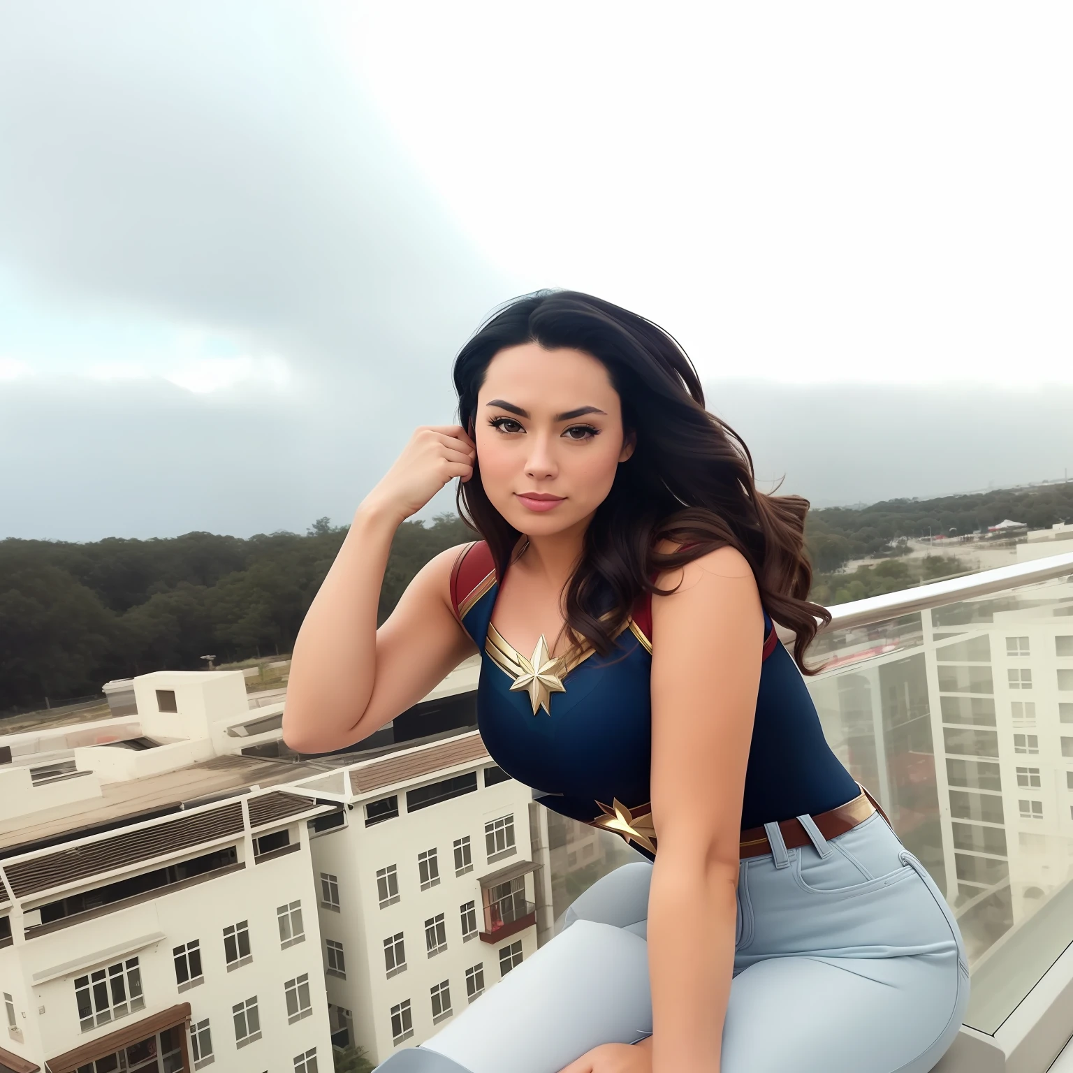 , medium hair, full body portrait, wearing captain marvel outfit, sexy, cleavage, breasts showing