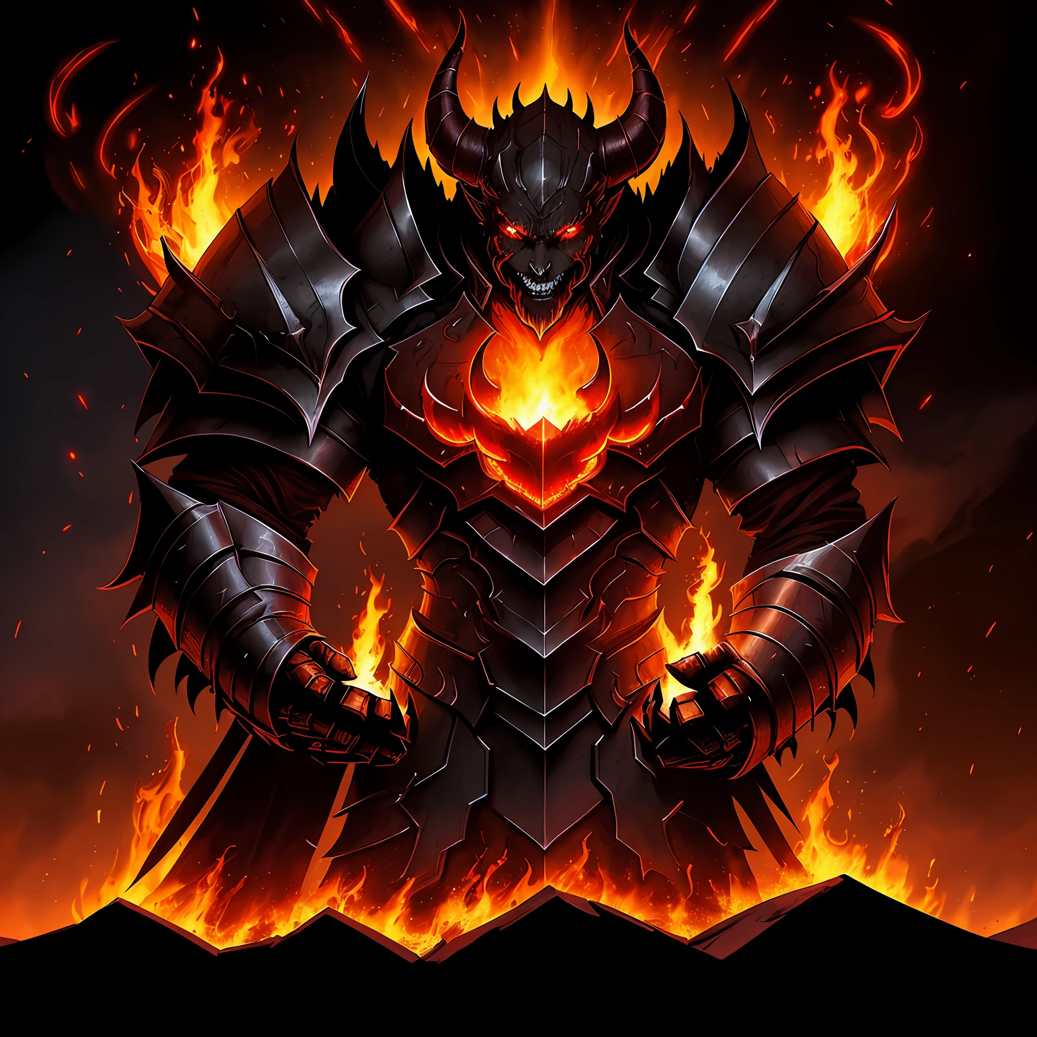 Demon demon with glowing eyes and blazing flames before sunset, Diablo digital concept art, Demon armor, fire demon, demon soul concept art, King of cinders, Dark fantasy style art, Diablo concept art, human male demon, demon berserker, demon lord, male male demon, epic fantasy art style, epic fantasy digital art style, ruler of hell, in the city