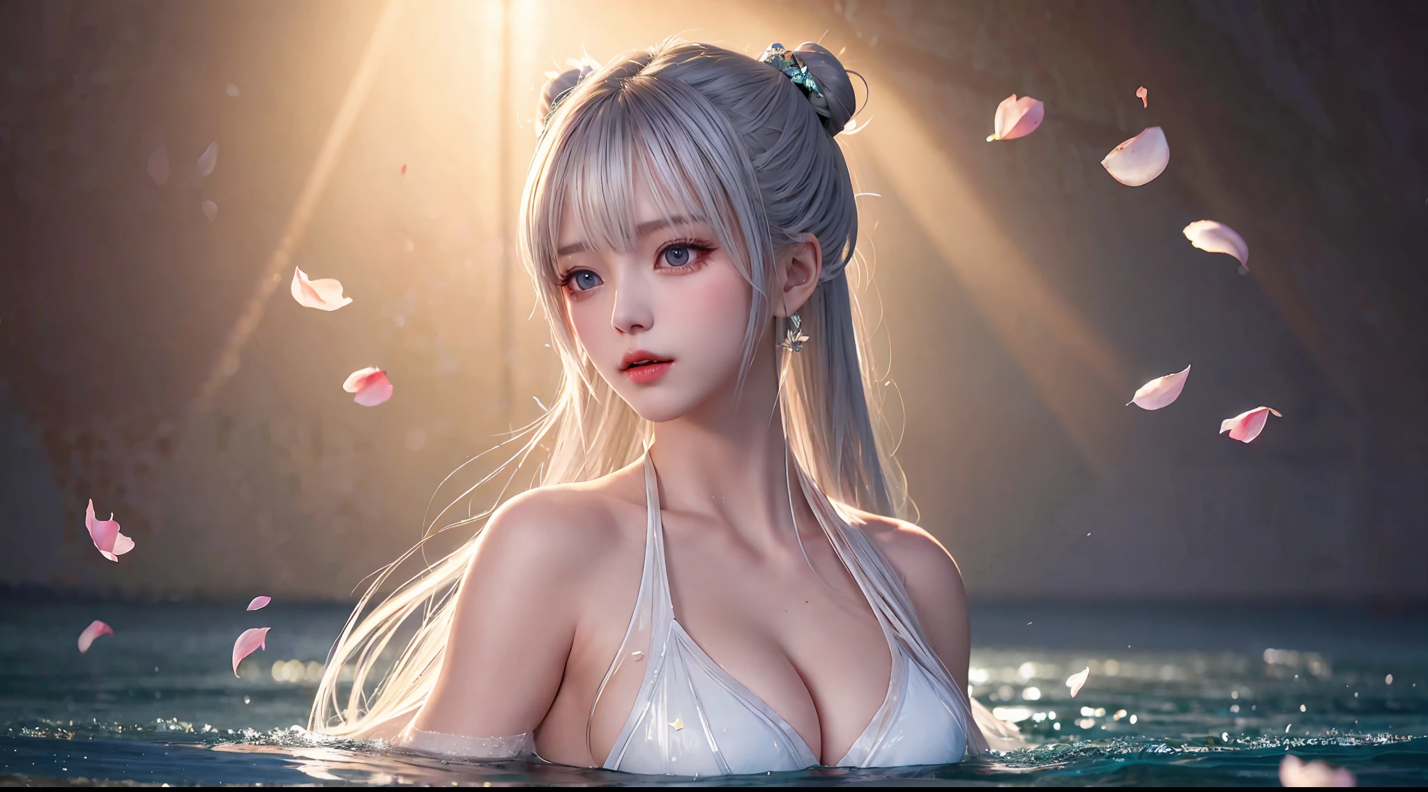 Silver hair, double bun, upper body, standing in water, parted bangs, modern, surreal, film lighting, chiaroscuro, masterpiece, textured skin, high resolution, high quality, high detail, beautiful face, big breasts, obvious cleavage, translucent clothes, falling petals