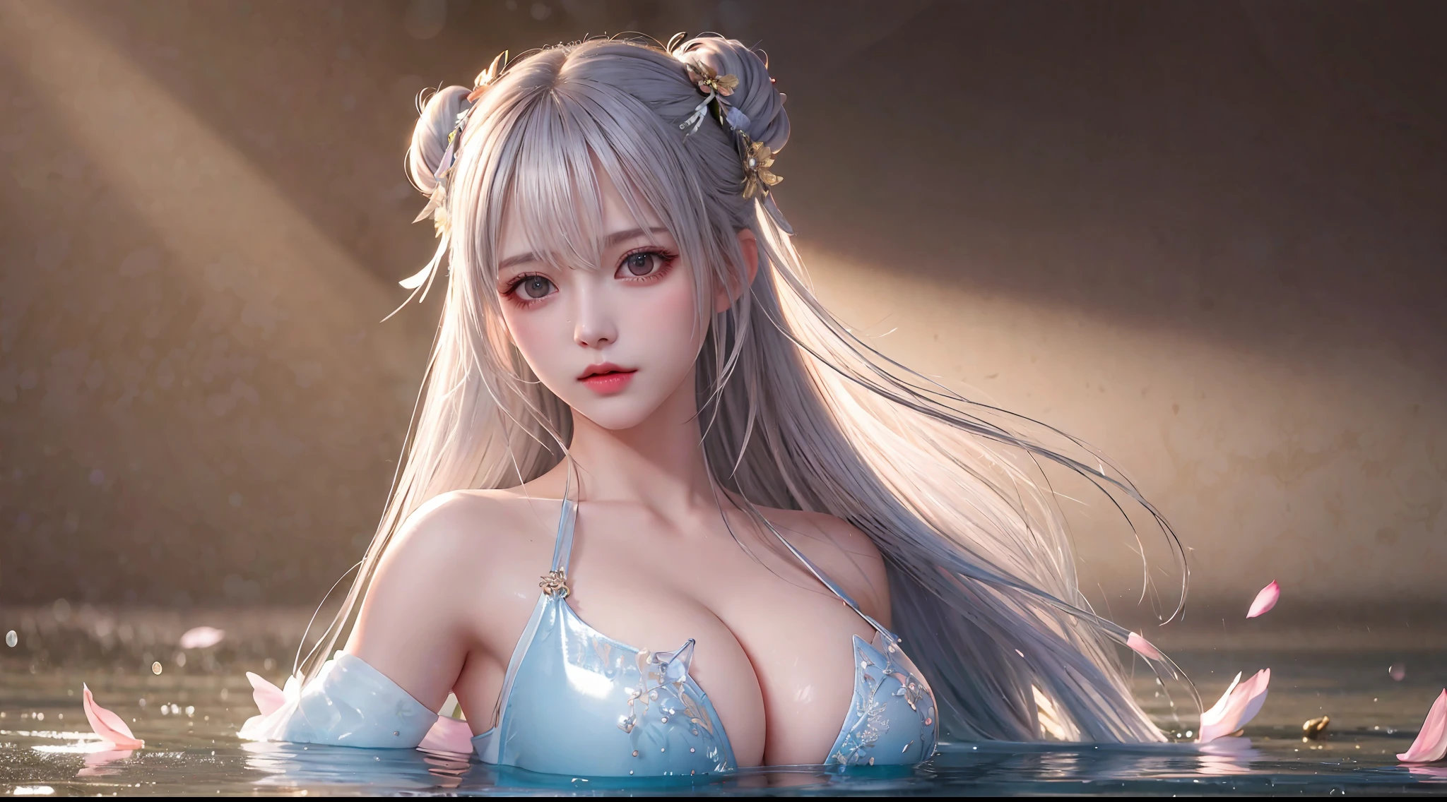 Silver hair, double bun, upper body, standing in water, parted bangs, modern, surreal, film lighting, chiaroscuro, masterpiece, textured skin, high resolution, high quality, high detail, beautiful face, big breasts, obvious cleavage, translucent clothes, falling petals