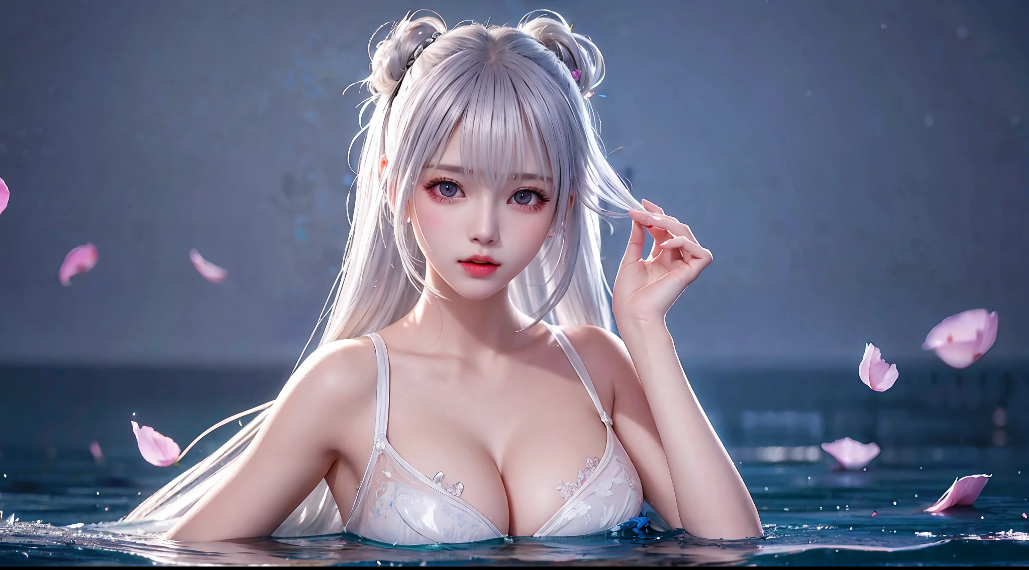 Silver hair, double bun, upper body, standing in water, parted bangs, modern, surreal, film lighting, chiaroscuro, masterpiece, textured skin, high resolution, high quality, high detail, beautiful face, big breasts, obvious cleavage, translucent clothes, falling petals