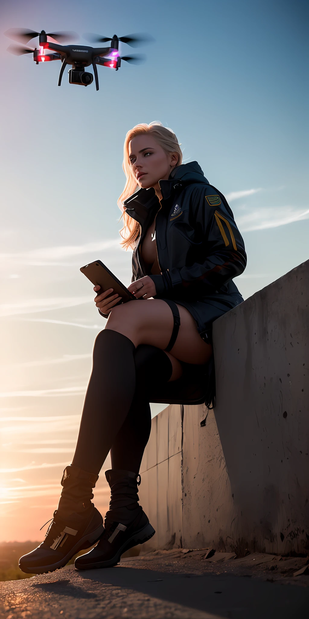 beautiful Swedish university student, blonde, full body, in stylish clothes, outside on the street, (((thin, small)), photorealistic, photo, masterpiece, realistic, realism, photorealism, high contrast, photorealistic digital art trend on Artstation 8k HD high definition detail realistic, detailed, skin texture, hyperdetailed, realistic skin texture, armor, best quality, ultra high resolution, (photorealistic: 1.4), high resolution, Detailed, Raw Photo, Sharp Re, by Lee Jeffries Nikon D850 Film Stock Photography 4 camera kodak portra 400 lens f1.6 rich colors hyper realistic texture realistic dramatic lighting irrealengine trend in artstation cinestill 800- High quality image in HD;
- Sharp and realistic image;
- Woman sitting on a drone;
- Focus on war and combat;
- Aerial scene in the sky;
- Strong and striking colors to convey tension and drama;
- Contrast between the drone and the sky in shades of gray or blue;
- Serious and determined expression of the woman, showing the seriousness of the situation;
- Integration of the drone in the scene, showing that it is an important tool of war;
- Give preference to images similar to what was requested to create a more realistic pront.