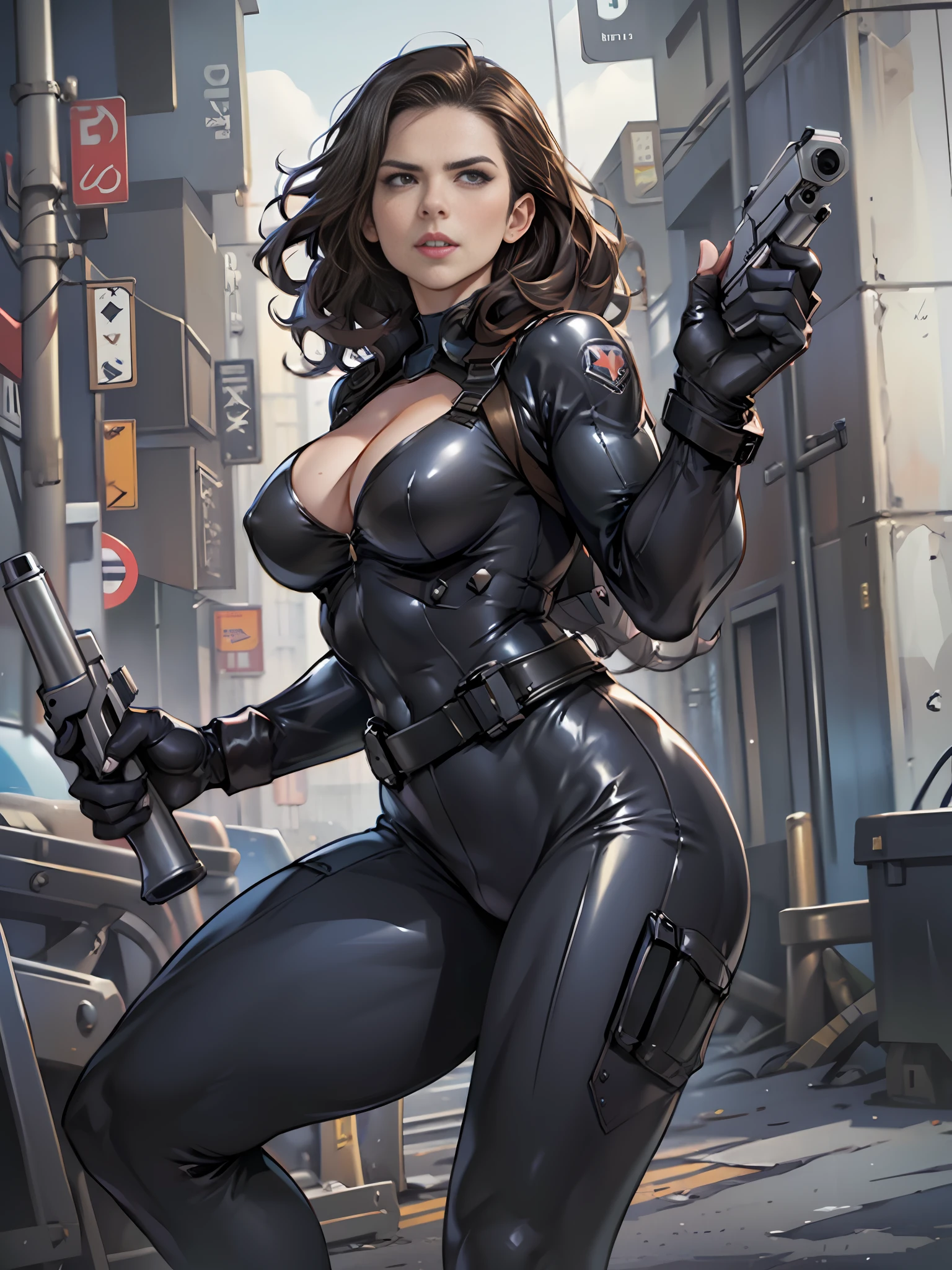 woman in latex suit holding a gun and posing for a picture, action movie still, full scene shot, still of Hayley Atwell, female spy, bombshell, by Dan Luvisi, furious dark haired women, photo from a promo shoot, sexy movie photo,, full length shot, still shot from movie, promo still