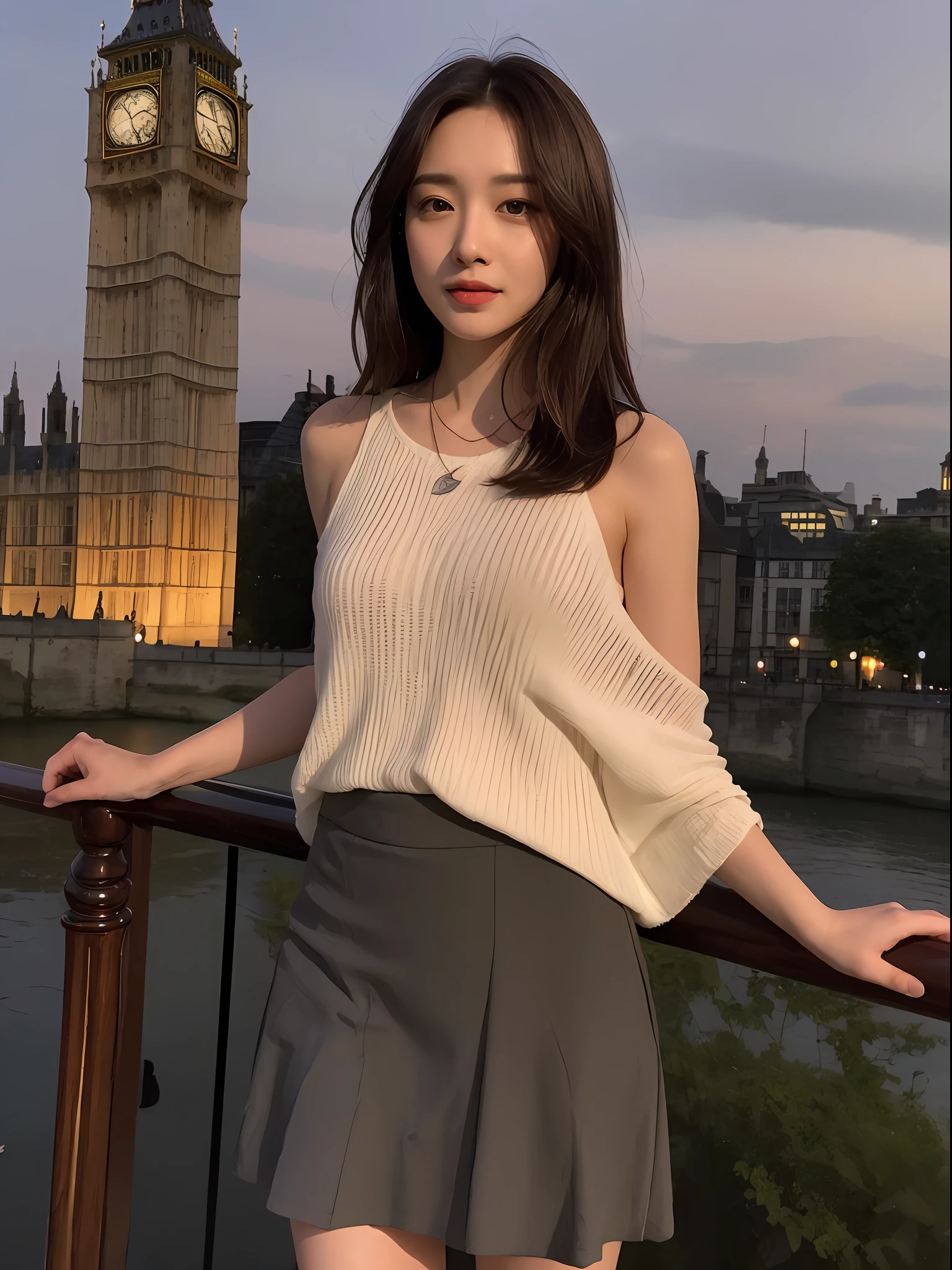 ((Best Quality, 8K, Masterpiece: 1.3)), Landscape Photography, A Beautiful Woman with a Slim Figure: 1.4, Dark Brown Hair, Wearing Pendant, Leaky Shoulders, Skirt, (Full Body), Vista, Looking at the Viewer, ((Night)), Big Ben in the Distant Background, London, Giggle, Highly Detailed Face and Skin Texture, Detailed Eyes, Double Eyelids