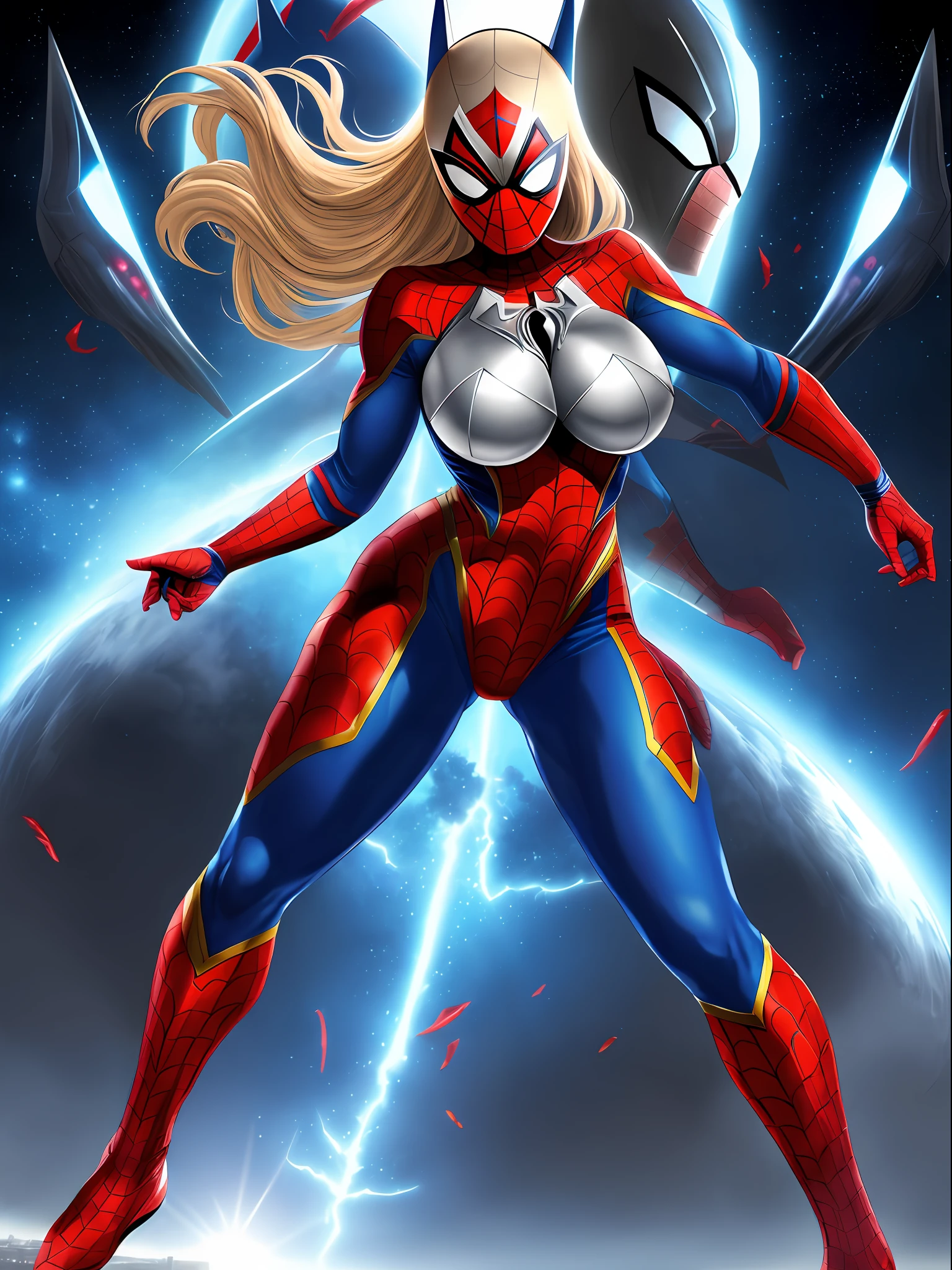 Ultraman, Mortal Kombat, anime style, (Max quality: Sharpness:resolution:detailed) full body shot, (1 female:giant:Ultraman:Spider-Man:Batman, extremely exhibitionist)/(solo),big breasts, long blonde hair lizo: in front of the eye: moving in the wind, (facing the viewer), (circular jewel on the chest with strong blue light), helmet: mask of Ultraman, staring at the viewer, smiling, she is in a futuristic city being attacked by aliens.