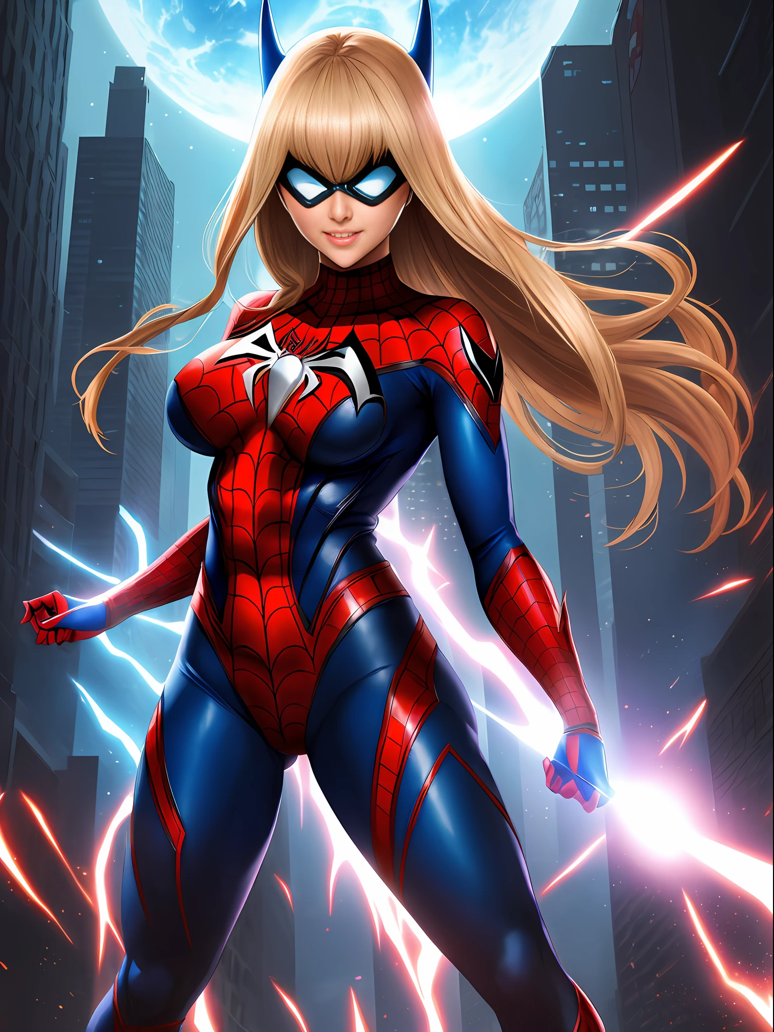 Ultraman, Mortal Kombat, anime style, (Max quality: Sharpness:resolution:detailed) full body shot, (1 female:giant:Ultraman:Spider-Man:Batman, extremely exhibitionist)/(solo),big breasts, long blonde hair lizo: in front of the eye: moving in the wind, (facing the viewer), (circular jewel on the chest with strong blue light), helmet: mask of Ultraman, staring at the viewer, smiling, she is in a futuristic city being attacked by aliens.