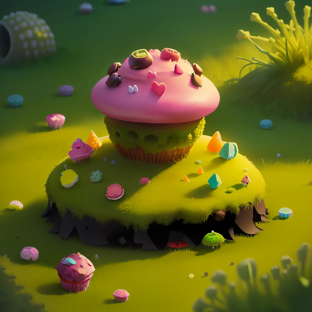 realistic. cupcake hill, with green moss and at the top and candy are scattered in the grass. ants run around with candys in their mandibles