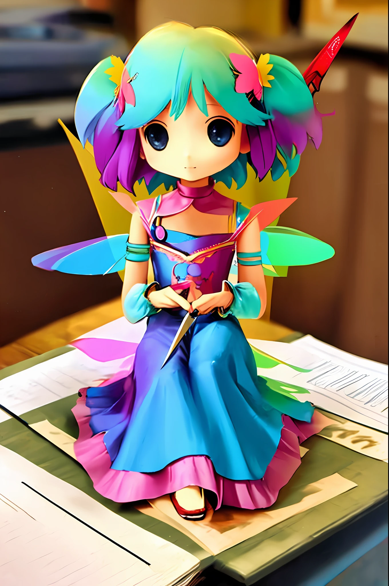 A colorful little fairy, sitting on many ((papers)) and holding in her hands ((scissors and glue)) thinking of making cutout art, chibi style