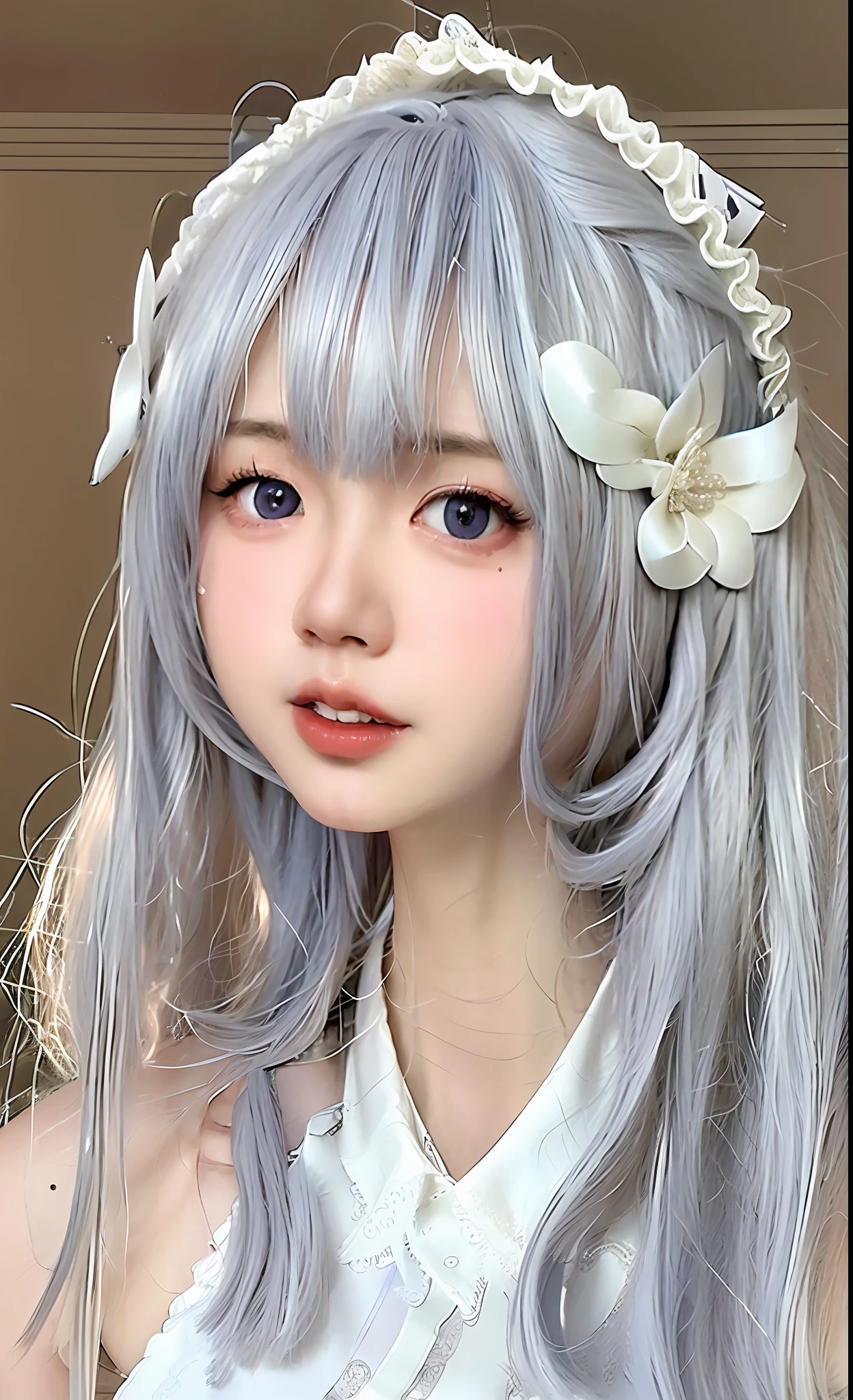 (photo realistic:1.55),(ulzzang-6500:0.65), masterpiece, best quality, detailed, blurry, depth_of_field, blurry_background, blurry_foreground, 1girl, gloves, white_gloves, dress, motion_blur, photo_\(medium\), solo, white_dress