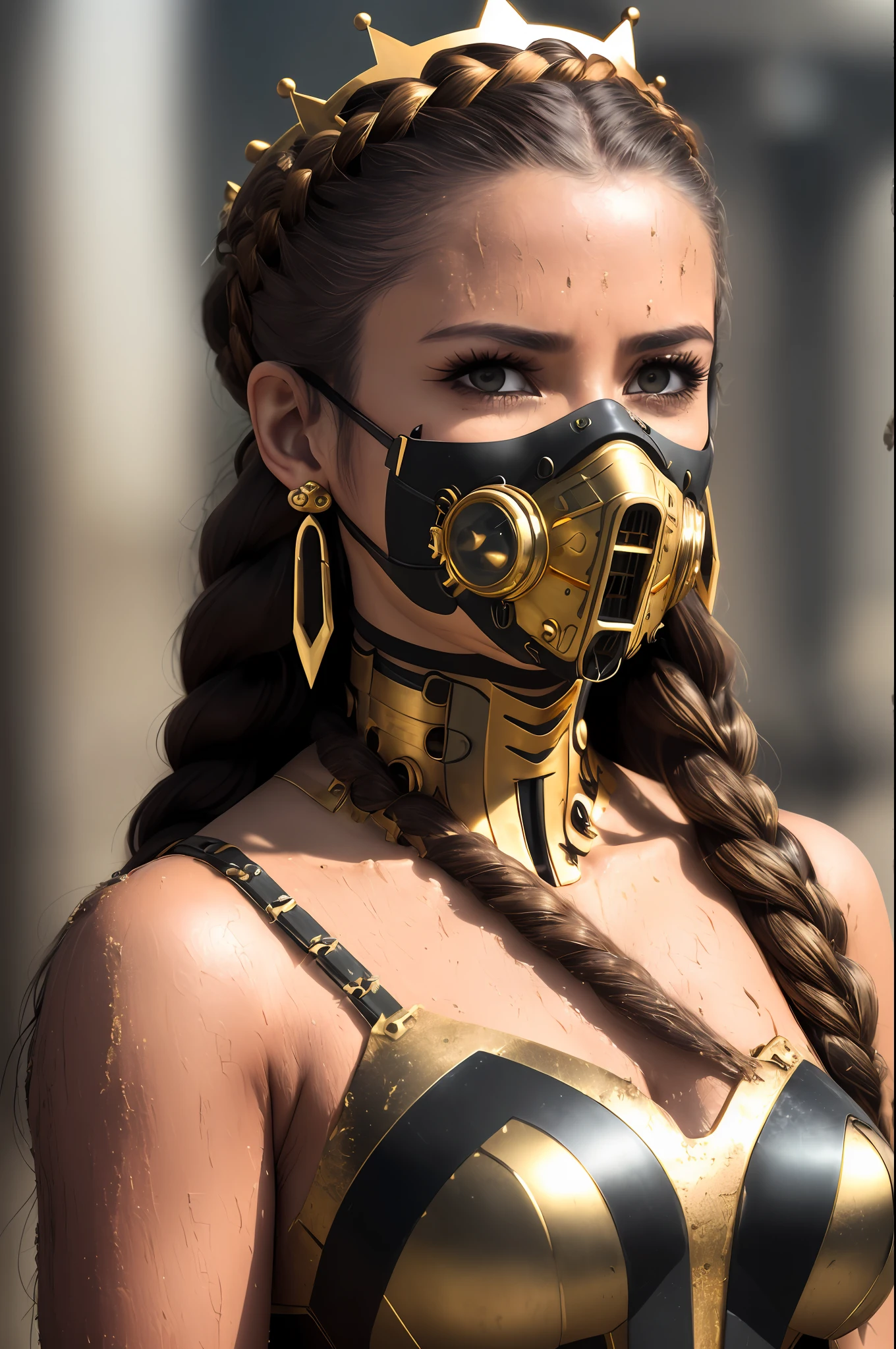 modelshoot style, (extremely detailed 8k wallpaper),a medium shot photo of brown Spanish sexy female cyborg princess with tiara, braided hair, royal, summer dress, golden crown, earrings, princess, summer, cyberpunk, ((cyborg)), ((breathing mask)), robot, sci fi, ((dystopian)), Intricate, High Detail, dramatic, action shot, skin pores, very dark lighting, heavy shadows, detailed, detailed face, (vibrant, photo realistic, realistic, dramatic, dark, sharp focus, 8k), (weathered greasy dirty futuristic black and gold dress:1.3)