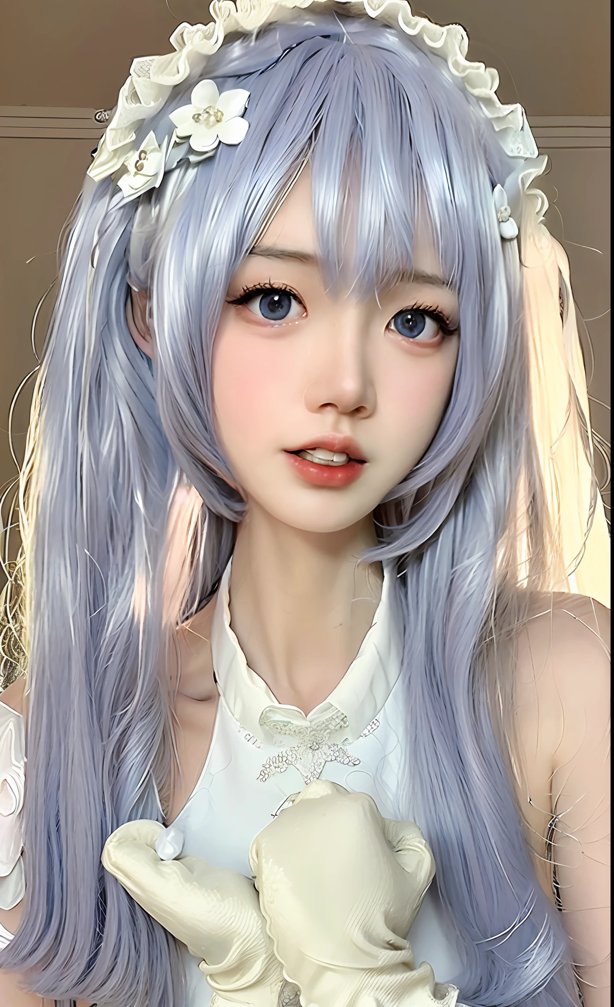 (photo realistic:1.55),(ulzzang-6500:0.65), masterpiece, best quality, detailed, blurry, depth_of_field, blurry_background, blurry_foreground, 1girl, gloves, white_gloves, dress, motion_blur, photo_\(medium\), solo, white_dress