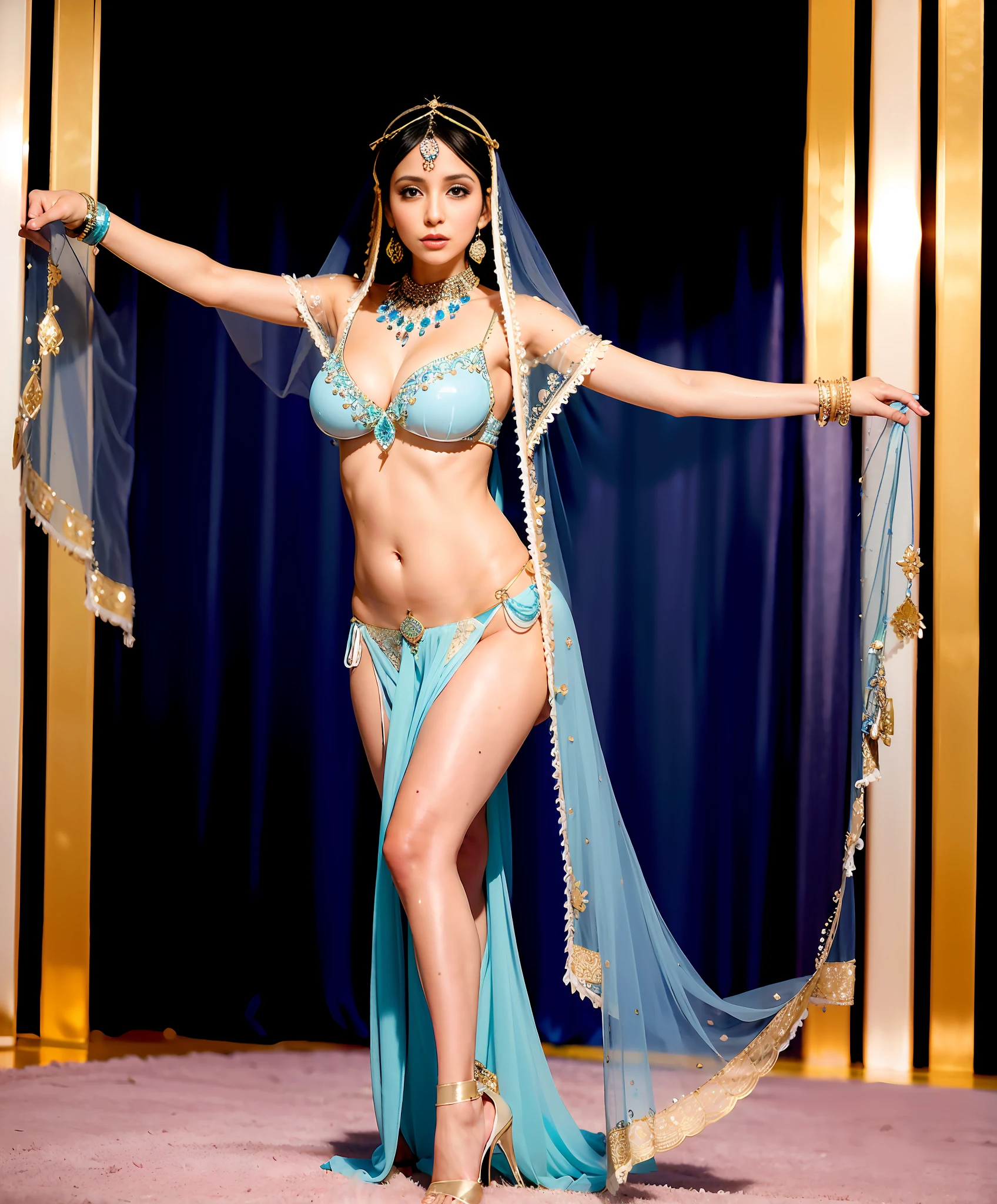 Arab woman wearing light blue transparent gauze with transparent veil and pink scarf, beautiful costume, high quality costume, exquisite rendering, belly dance, elegant belly dance pose, exotic costume, high quality theatrical costume, she dressed up as belly dancer, Arab princess, jewelry costume, black stockings, costume, costume design, Arabian inspiration, fair skin, delicate face shape, stage