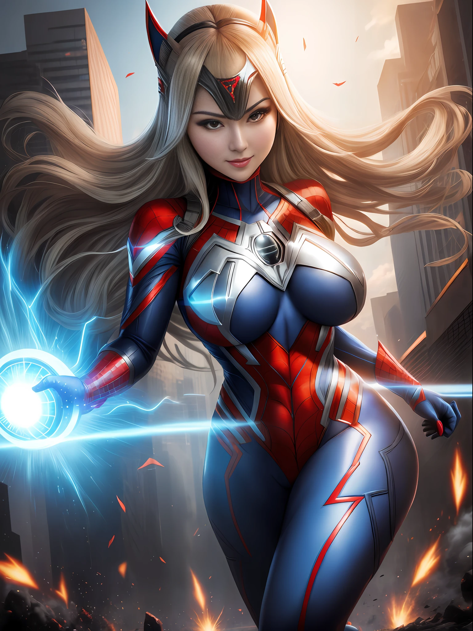 Ultraman, Mortal Kombat, anime style, (Max quality: Sharpness:resolution:detailed) full body shot, (1 female:giant:Ultraman:Spider-Man:Batman, extremely exhibitionist)/(solo),big breasts, long blonde hair lizo: in front of the eye: moving in the wind, (facing the viewer), (circular jewel on the chest with strong blue light), helmet: mask of Ultraman, staring at the viewer, smiling, she is in a futuristic city being attacked by aliens.
