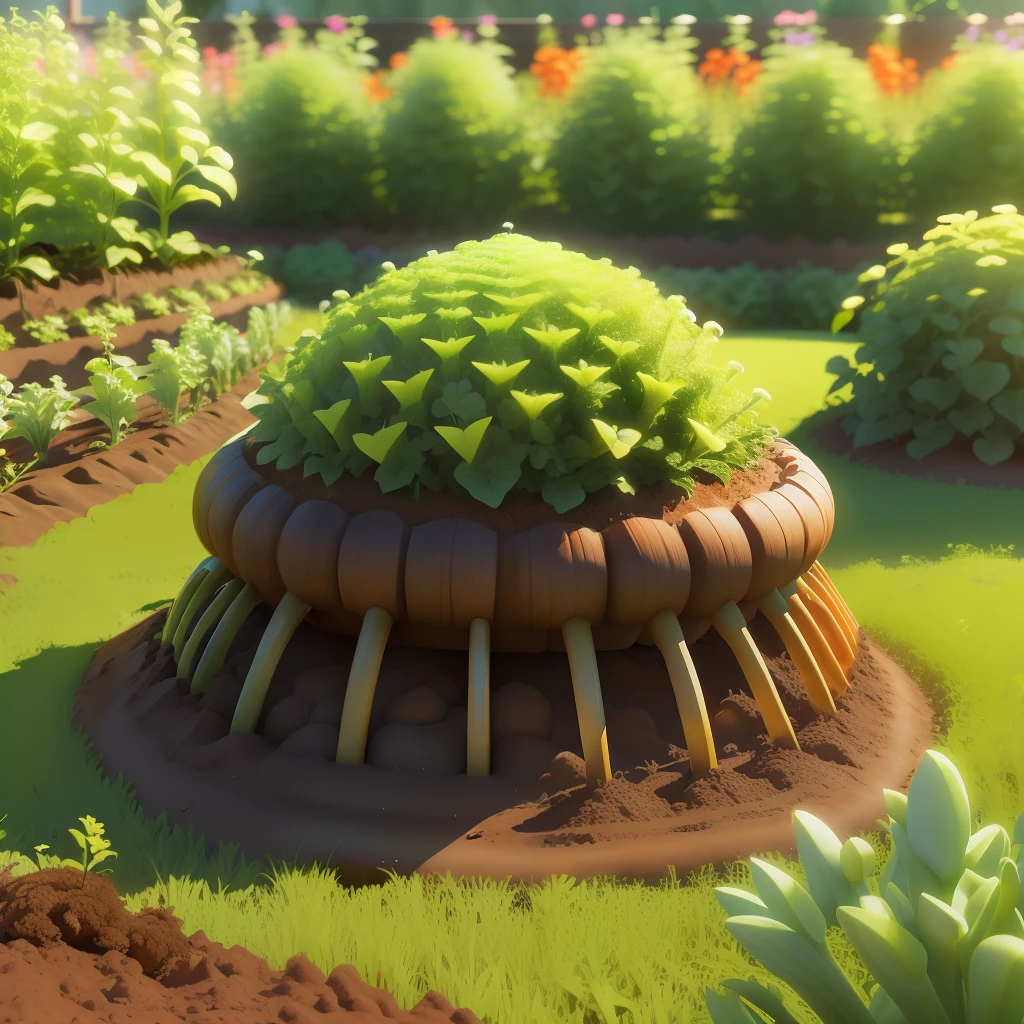 An anthill in the middle of a vegetable garden, 3D, semi-realistic