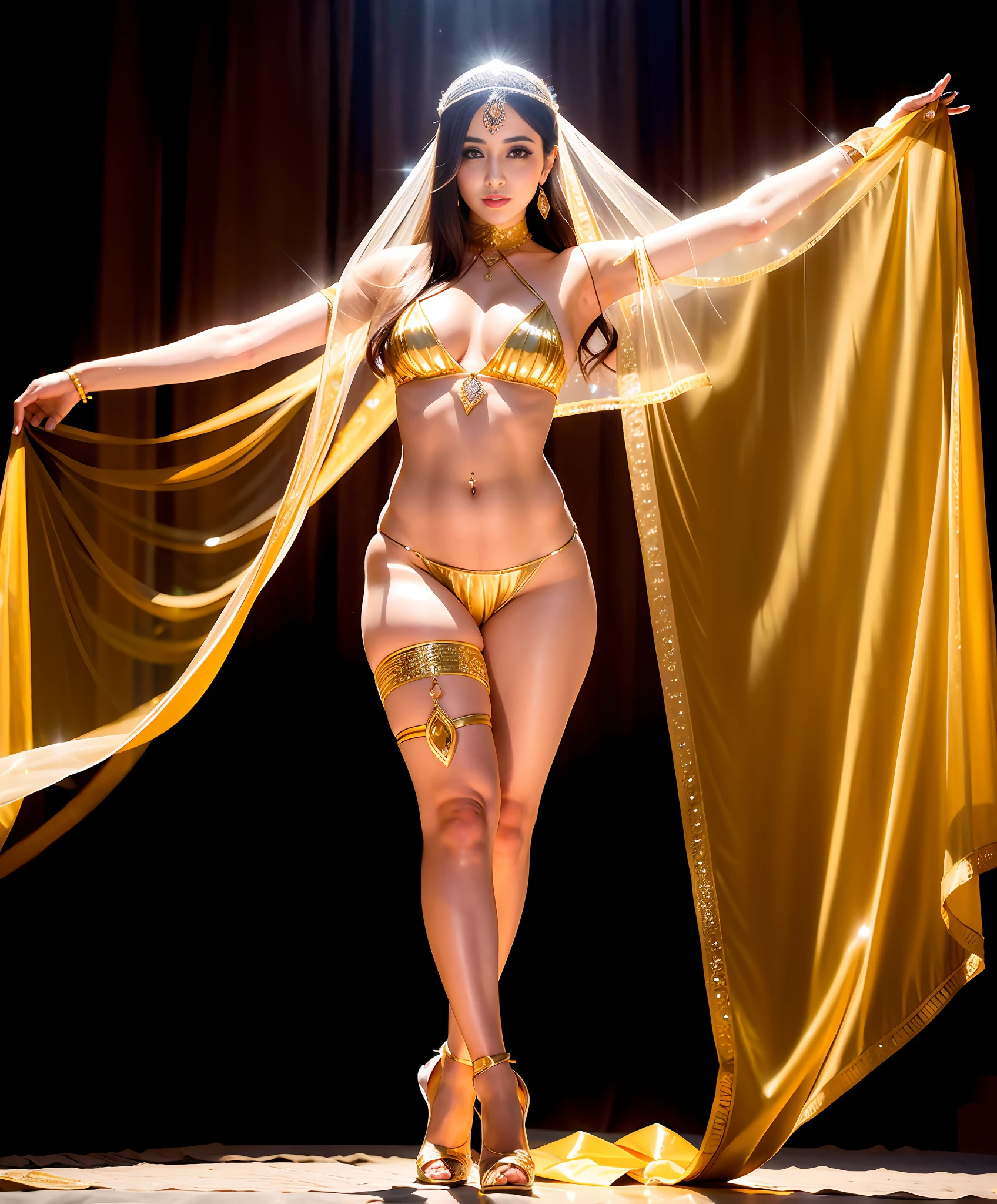 Arab woman wearing golden transparent gauze with transparent veil and pale pink scarf, beautiful costume, high quality costume, exquisite rendering, belly dance, elegant belly dance pose, exotic costume, high quality theatrical costume, she dressed up as belly dancer, Arabian princess, fine jewelry costume, costume, mesh stockings, stockings, high heels, costume design, arabic inspiration, fair skin, delicate face shape, exquisite rendering, stage