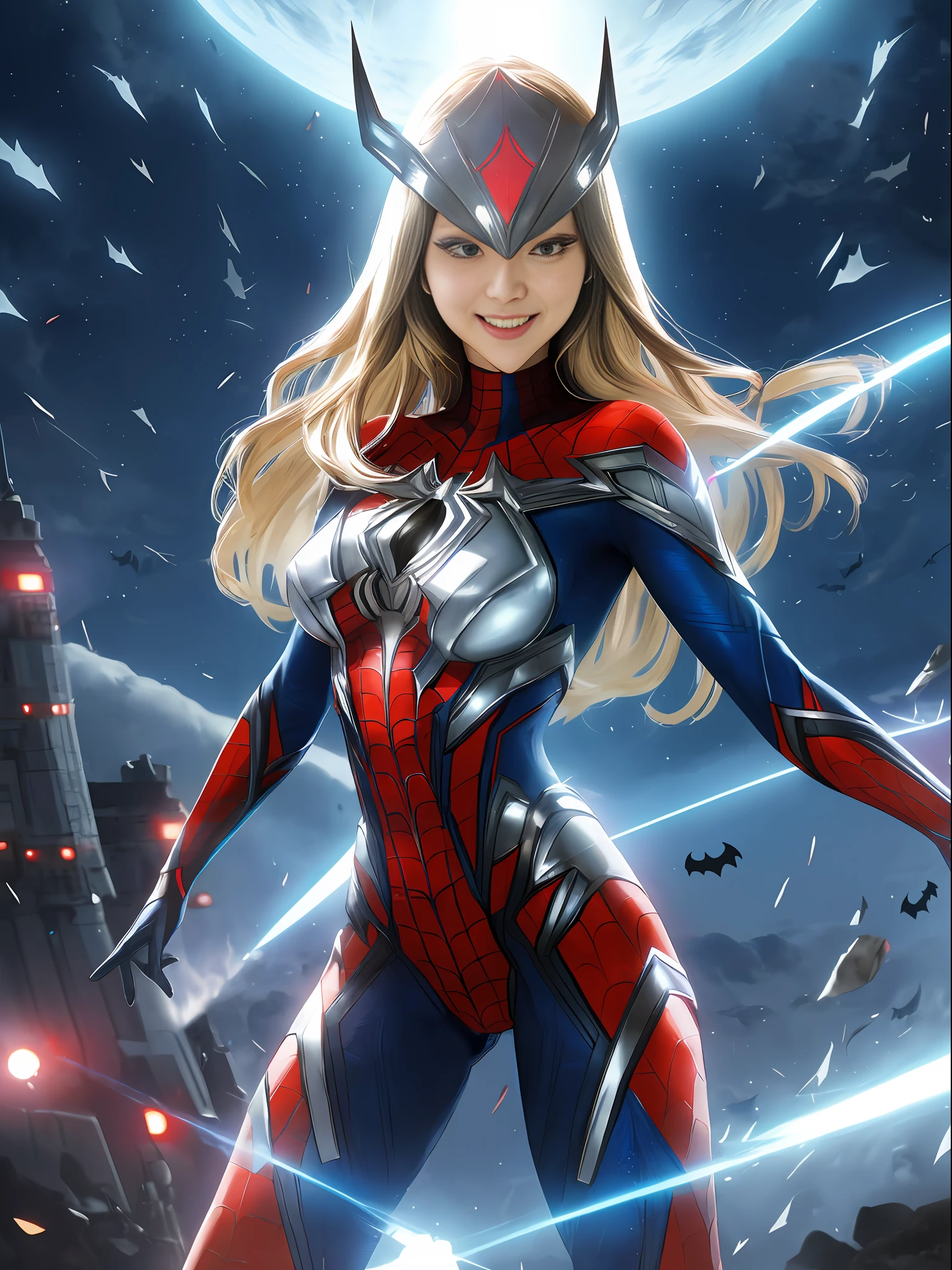 Ultraman, Mortal Kombat, anime style, (Max quality: Sharpness:resolution:detailed) full body shot, (1 female:giant:Ultraman:Spider-Man:Batman, extremely exhibitionist)/(solo),big breasts, long blonde hair lizo: in front of the eye: moving in the wind, (facing the viewer), (circular jewel on the chest with strong blue light), helmet: mask of Ultraman, staring at the viewer, smiling, she is in a futuristic city being attacked by aliens.