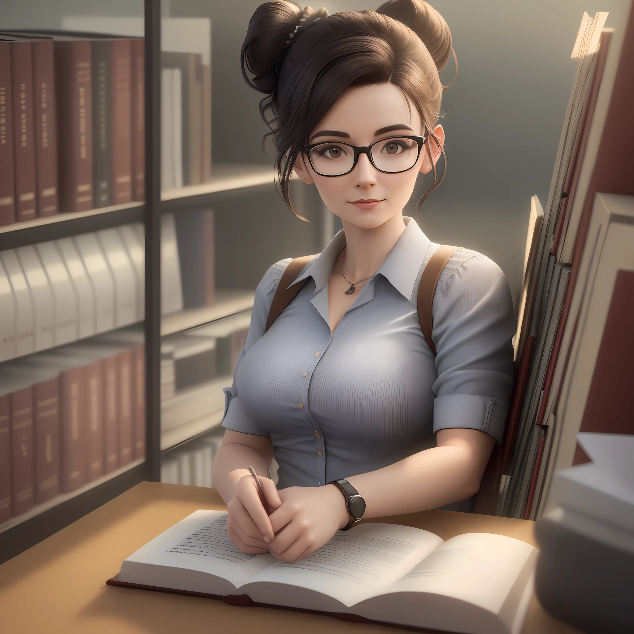 A 3D photo of a teacher with glasses hair up to her shoulders and a library behind