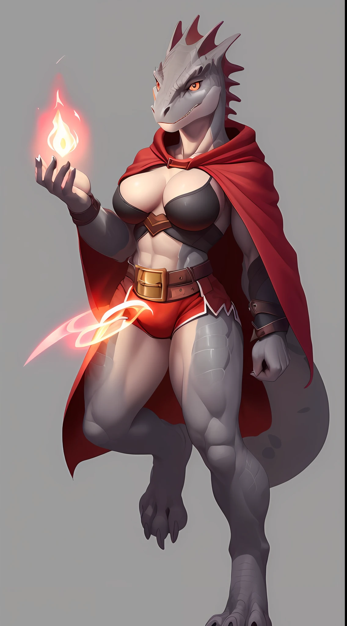 (Lizard), (red), reptile, antro, (wearing tunic), wearing cloak, (wearing cotton shorts), high detail, high resolution, raw photo, gray background, cleavage, 1girl, solo, medium breasts, high quality, hi res, sharp, detailed body, detailed, cartoony, ((holding magic)), ((looking at viewer)), (angry), mad, t full body, whole body, ((full body portrait)), far away, (((full body concept))), attack pose, battle pose, average body, slim, weak, thin, skinny, small waist, fire magic, red magic