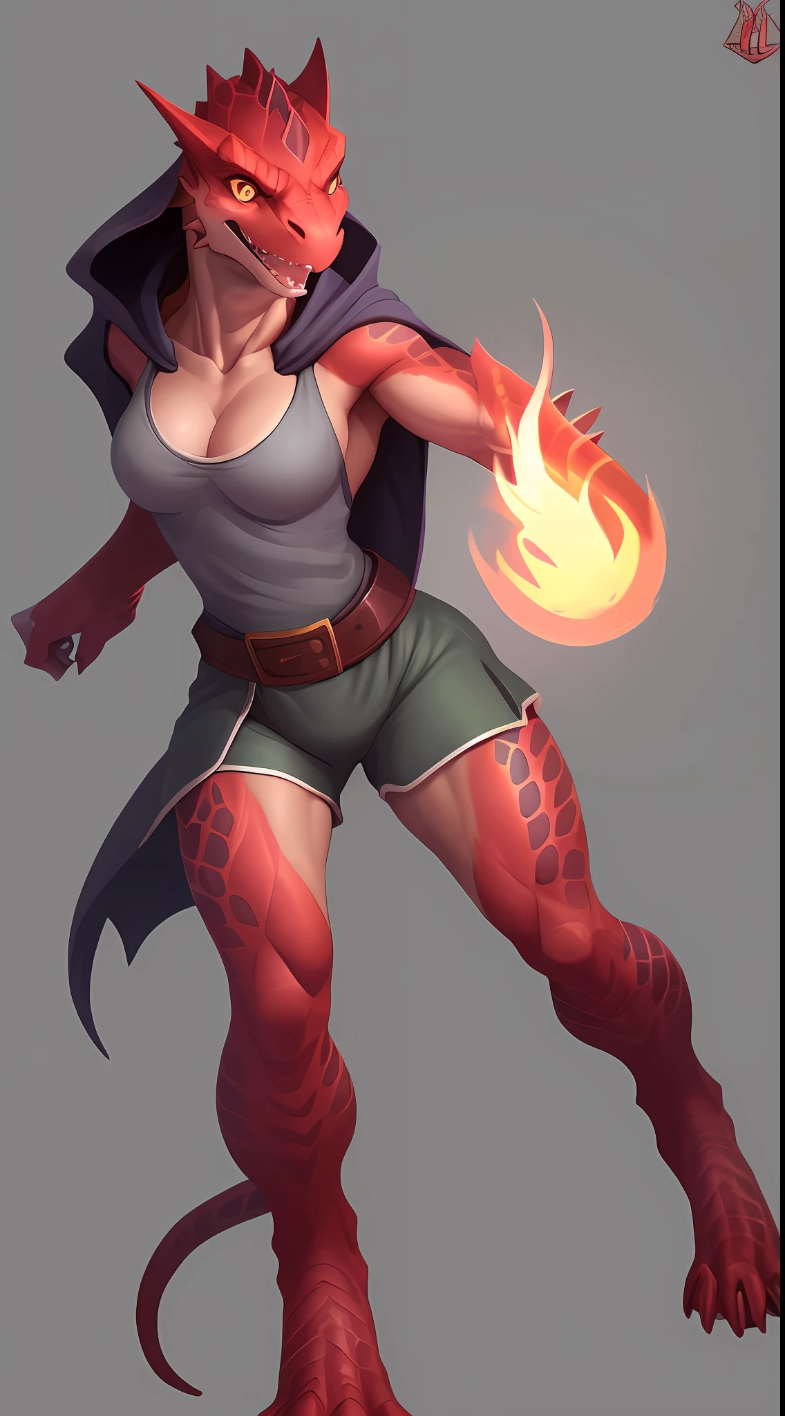 (Lizard), (red), reptile, antro, (wearing tunic), wearing cloak, (wearing cotton shorts), high detail, high resolution, raw photo, gray background, cleavage, 1girl, solo, medium breasts, high quality, hi res, sharp, detailed body, detailed, cartoony, ((holding magic)), ((looking at viewer)), (angry), mad, t full body, whole body, ((full body portrait)), far away, (((full body concept))), attack pose, battle pose, average body, slim, weak, thin, skinny, small waist, fire magic, red magic