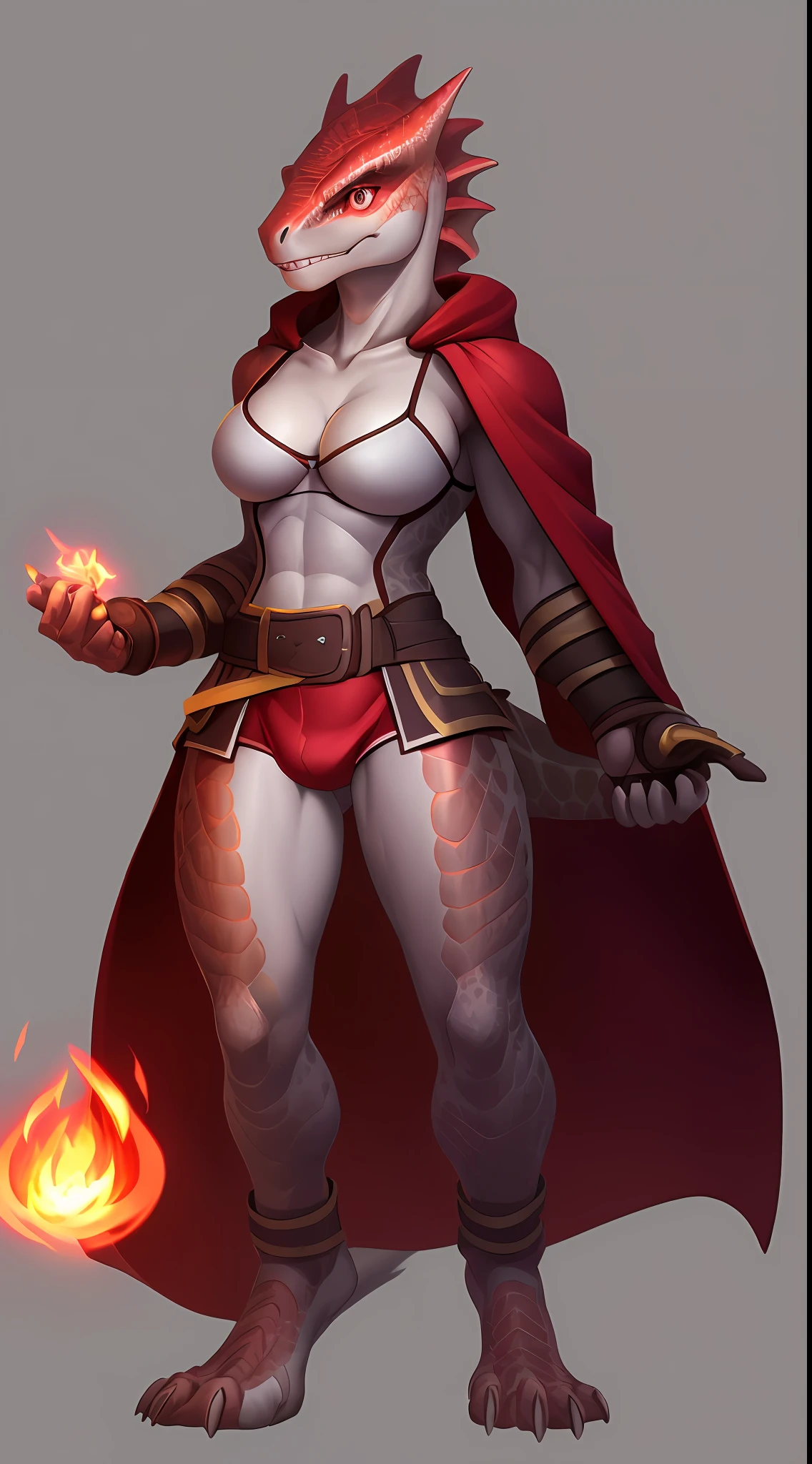 (Lizard), (red), reptile, antro, (wearing tunic), wearing cloak, (wearing cotton shorts), high detail, high resolution, raw photo, gray background, cleavage, 1girl, solo, medium breasts, high quality, hi res, sharp, detailed body, detailed, cartoony, ((holding magic)), ((looking at viewer)), (angry), mad, t full body, whole body, ((full body portrait)), far away, (((full body concept))), attack pose, battle pose, average body, slim, weak, thin, skinny, small waist, fire magic, red magic