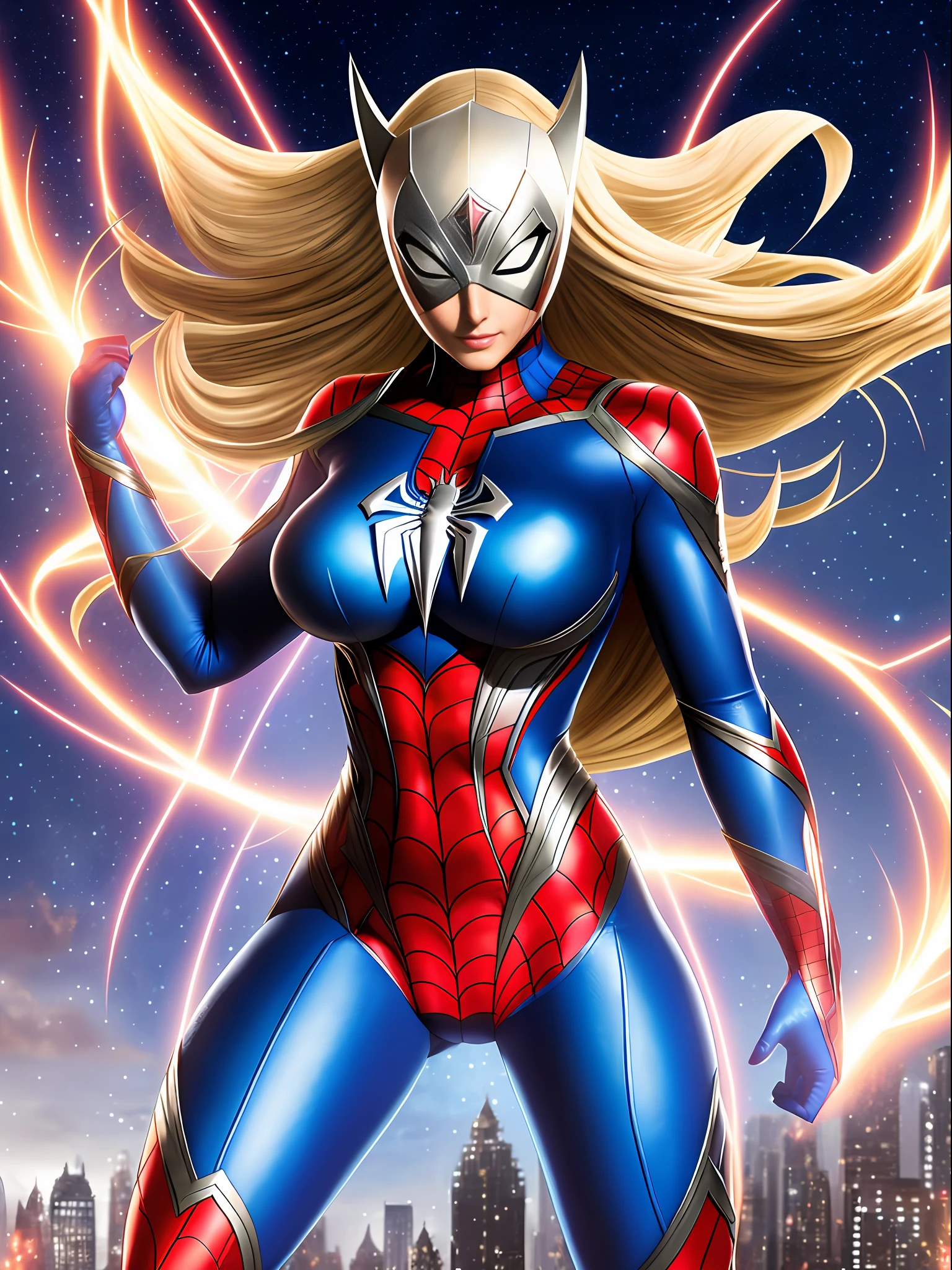 Ultraman, Mortal Kombat, anime style, (Max quality: Sharpness:resolution:detailed) full body shot, (1 female:giant:Ultraman:Spider-Man:Batman, extremely exhibitionist)/(solo),big breasts, long blonde hair lizo: in front of the eye: moving in the wind, (facing the viewer), (circular jewel on the chest with strong blue light), helmet: mask of Ultraman, staring at the viewer, smiling, she is in a futuristic city being attacked by aliens.