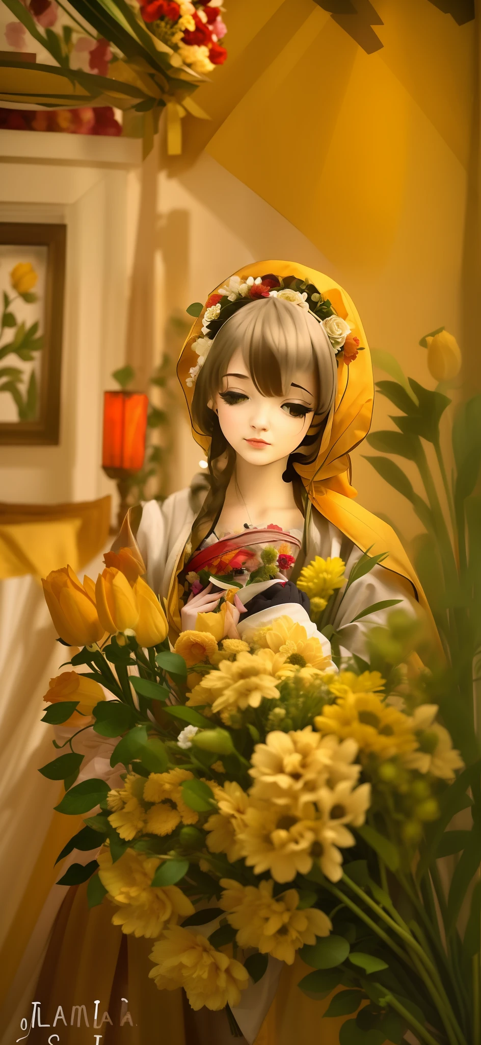 there is a woman holding a bouquet of flowers in a room, wrapped in flowers, female portrait with flowers, woman in flowers, with flowers, wearing a hoodie and flowers, alexandra fomina, wrapped in cables and flowers, turban of flowers, flower queen, bouquet, covered with flowers, by Pamela Ascherson, with yellow cloths, covered in flowers