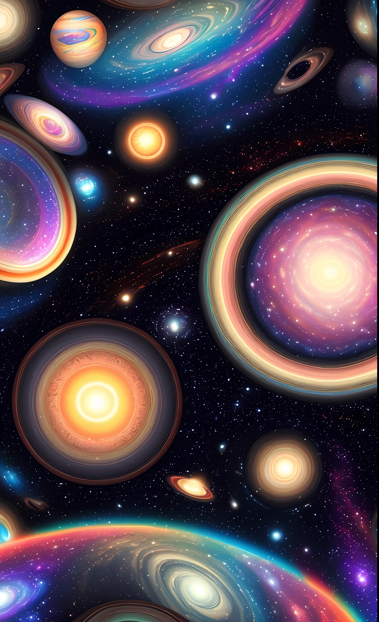 Seamless patterns of galaxies and planets, cosmic design, repeating patterns design, fabric art, flat illustration, rainbow-core, highly detailed clean, photorealistic masterpiece, professional photography, simple field background, isometric, saturn