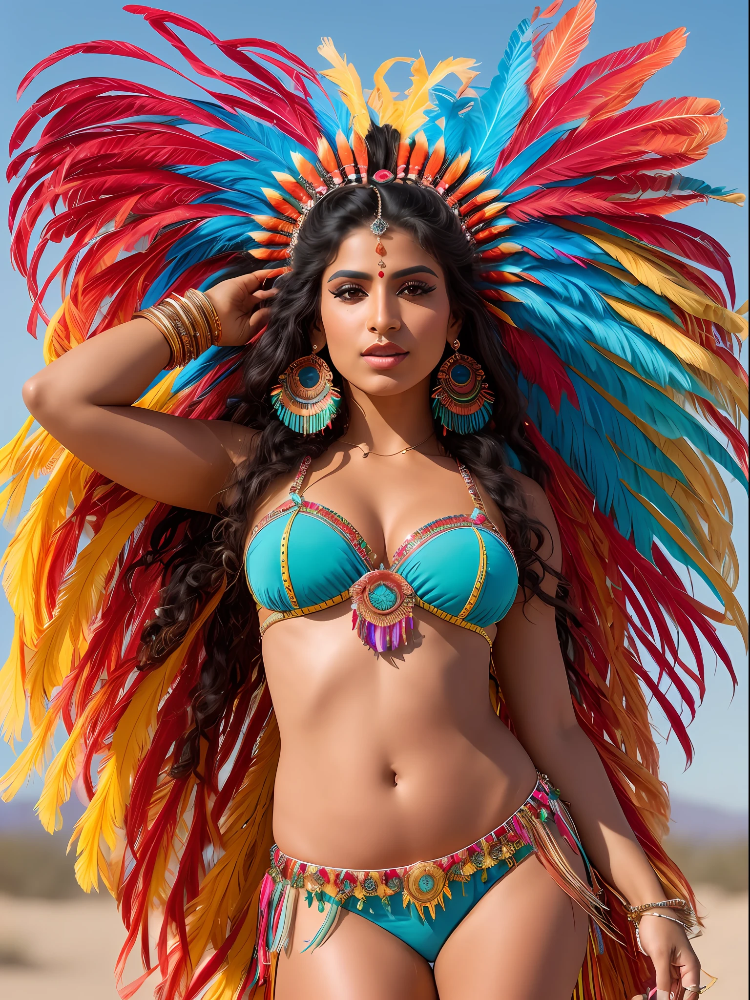 A photorealistic portrait of a perfectly perfectly beautiful Brazilian Indian woman, wearing a colorful plumage headdress, dressed as a rich belly dancer, marveling while dancing and looking slightly at the desert sky, a color photo by Jesse Richards, winner of the instagram contest, maximalism, feminine, extremely beautiful, photography, detailed symmetrical realistic face, extremely detailed natural texture,  fuzz peach, long messy hair windy, masterpiece, absurdists, nikon d850 film stock photography, kodak portra 400 camera f1.6 lens, extremely detailed, amazing, fine details, hyper realistic texture, dramatic lighting, unrealengine, trend in artstation, cinestill 800 tungsten, looking at the viewer, realistic photo, RAW photo, TanvirTamim, high quality, highres, sharp focus, extremely detailed, cinematic lighting,  8k uhd, -imagine-