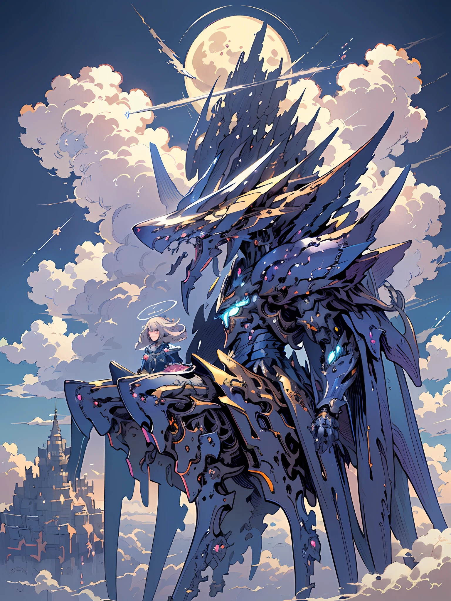 ((best quality)), ((masterpiece)), (detailed), giant hasbulla mecha, horror beauty, perched on a cloud, (fantasy illustration:1.3), enchanting gaze, otherworldly charm, mystical sky, (Luis Royo:1.2), (Yoshitaka Amano:1.1), moonlit night, soft colors, (detailed cloudscape:1.3), (high-resolution:1.2)