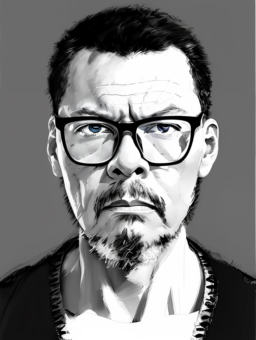 guttonerdvision3, Drawing of a man with glasses, only blue eyes, black and white, concept art, artstation, trend, highly detailed, smooth, focus, art by yoji shinkawa, monochrome, technical (((Split Light)))