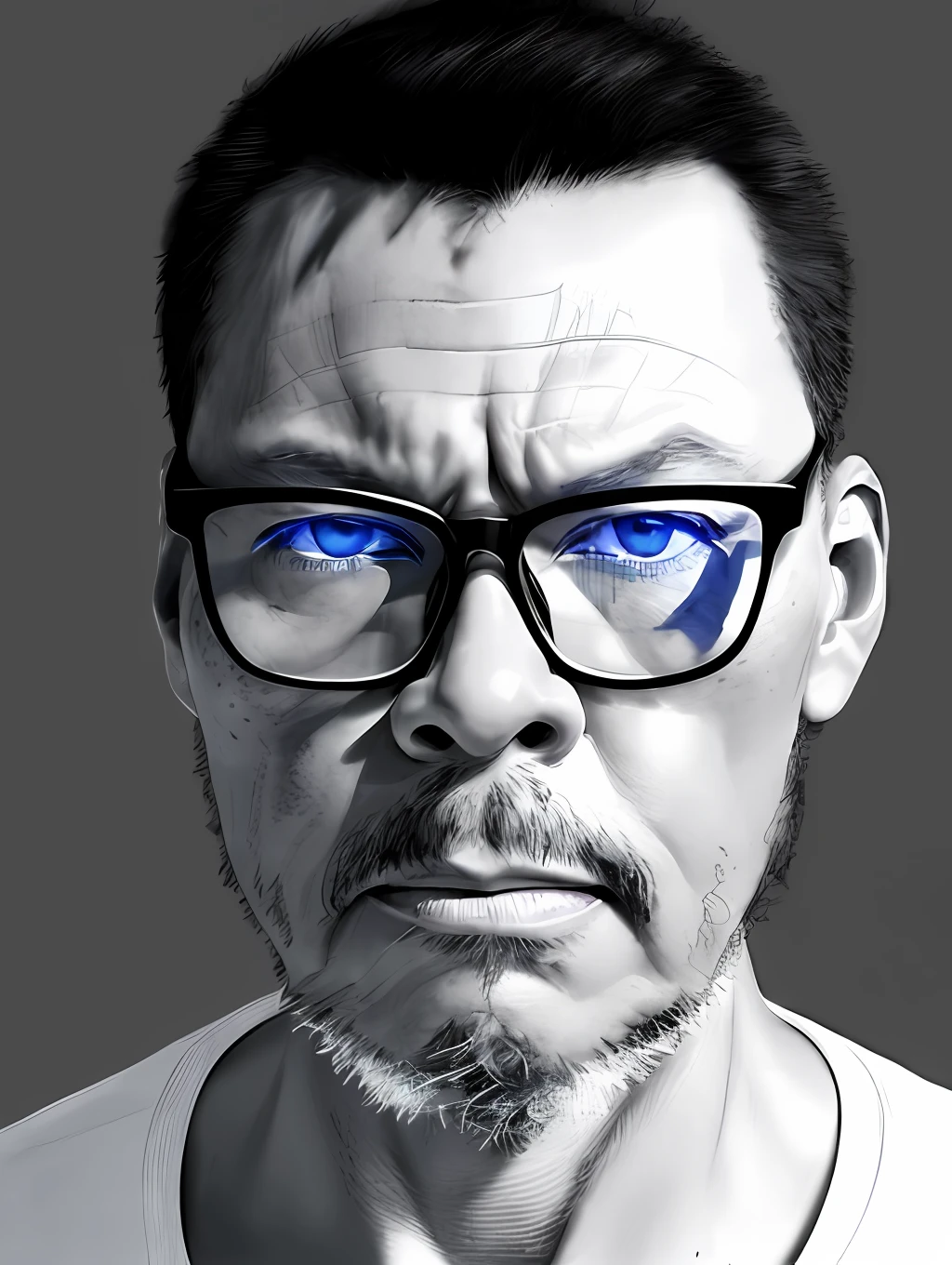 guttonerdvision3, Drawing of a man with glasses, only blue eyes, black and white, concept art, artstation, trend, highly detailed, smooth, focus, art by yoji shinkawa, monochrome, technical (((Split Light)))