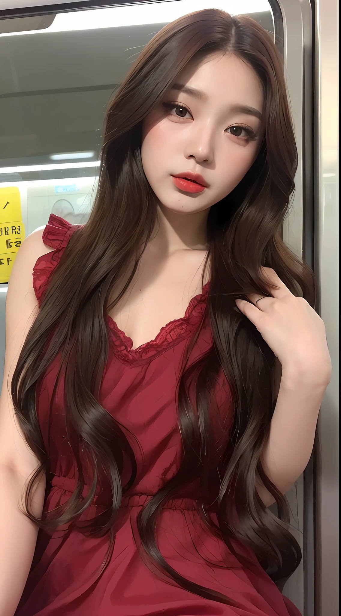 ((Top Quality, 16k, Masterpiece: 1.3)), 1 Girl, Sharp Focus: 1.2, Beautiful Woman with Slender Figure: 1.4, Slender Abs: 1.2, (((Long Wavy Hair)), ((Small: 1.4)), (((Kpop Idol: 1.3)), ((Wine Red Babydoll 1.5)), (In the subway car)), Highly detailed face and skin texture, Detailed eyes, Double eyelids, ( pose)), ((seductive)), wide angle lens 35mm