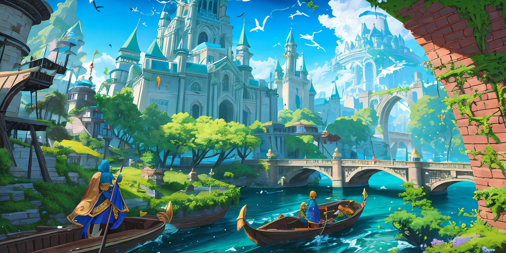 ancient fantasy city of islands connected by arched bridges; brick walls surround island enclaves of soaring marble and granite towers, green and violet vegetation, ancient boats sail through the canals, birds soar overhead