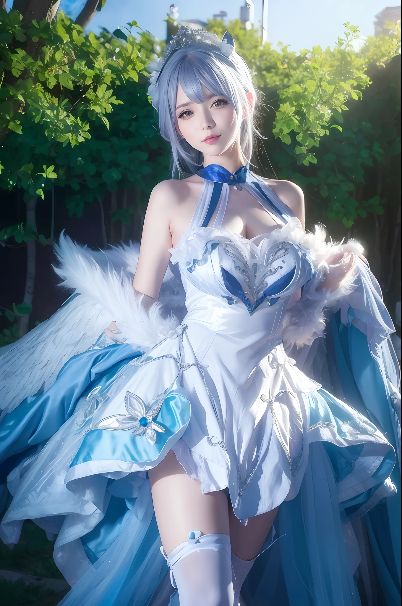 arafed woman in a white dress and blue dress posing for a picture, anime girl cosplay, anime cosplay, elegant glamourous cosplay, seraphine ahri kda, full - body majestic angel, cosplay, anime goddess, glamourous cosplay, anime character; full body art, ornate cosplay, professional cosplay, of beautiful angel, sakimichan, cosplay photo
