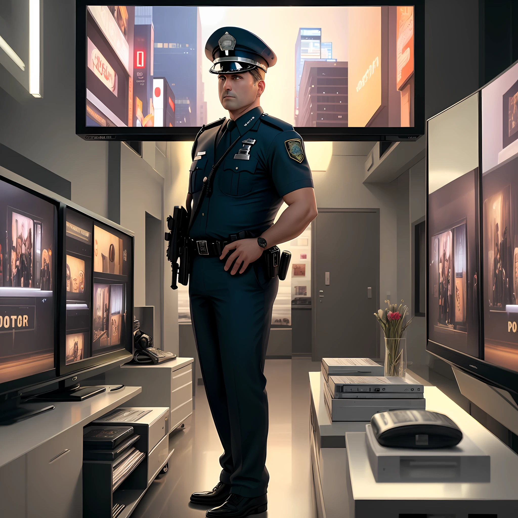 Cop watching television. on TV has 4 quadrants with street scenes