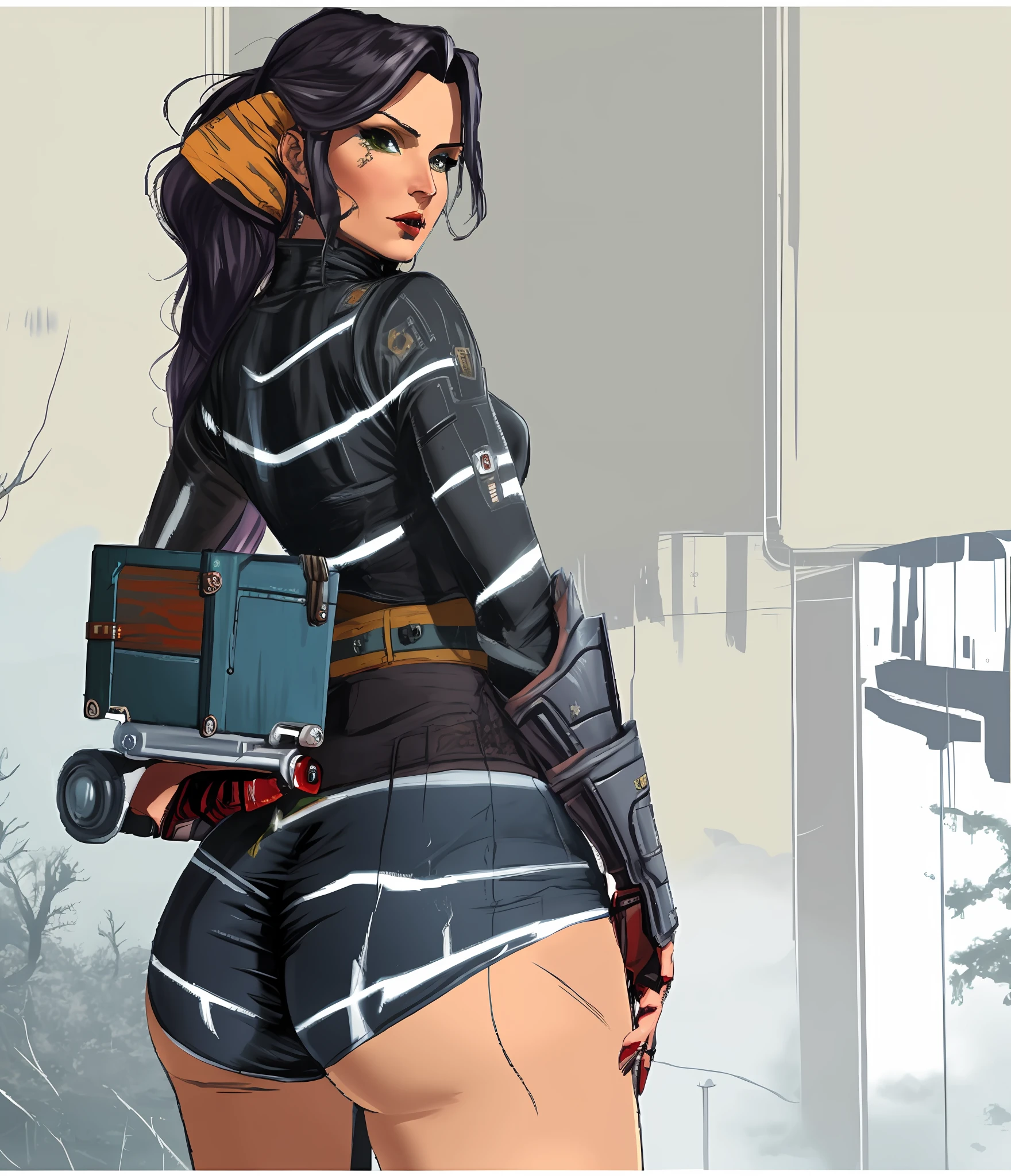 an attractive woman [gunslinger:bounty hunter:0.4] standing in a scifi wilderness (boxedfutures style:1)