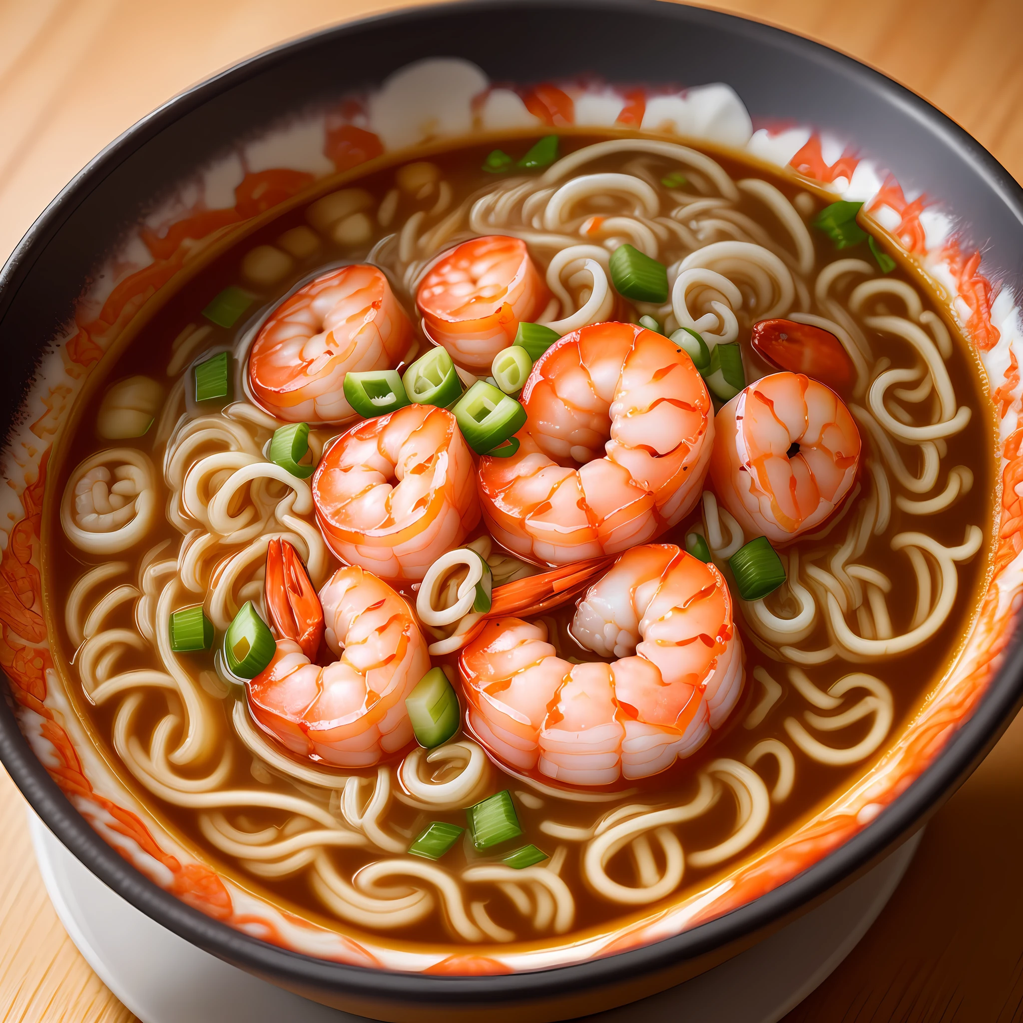 Highly detailed RAW colour photos, spicy shrimp ramen, on the table, Hasselblad, 135mm, chromatic aberration, god rays, super detail, award winning