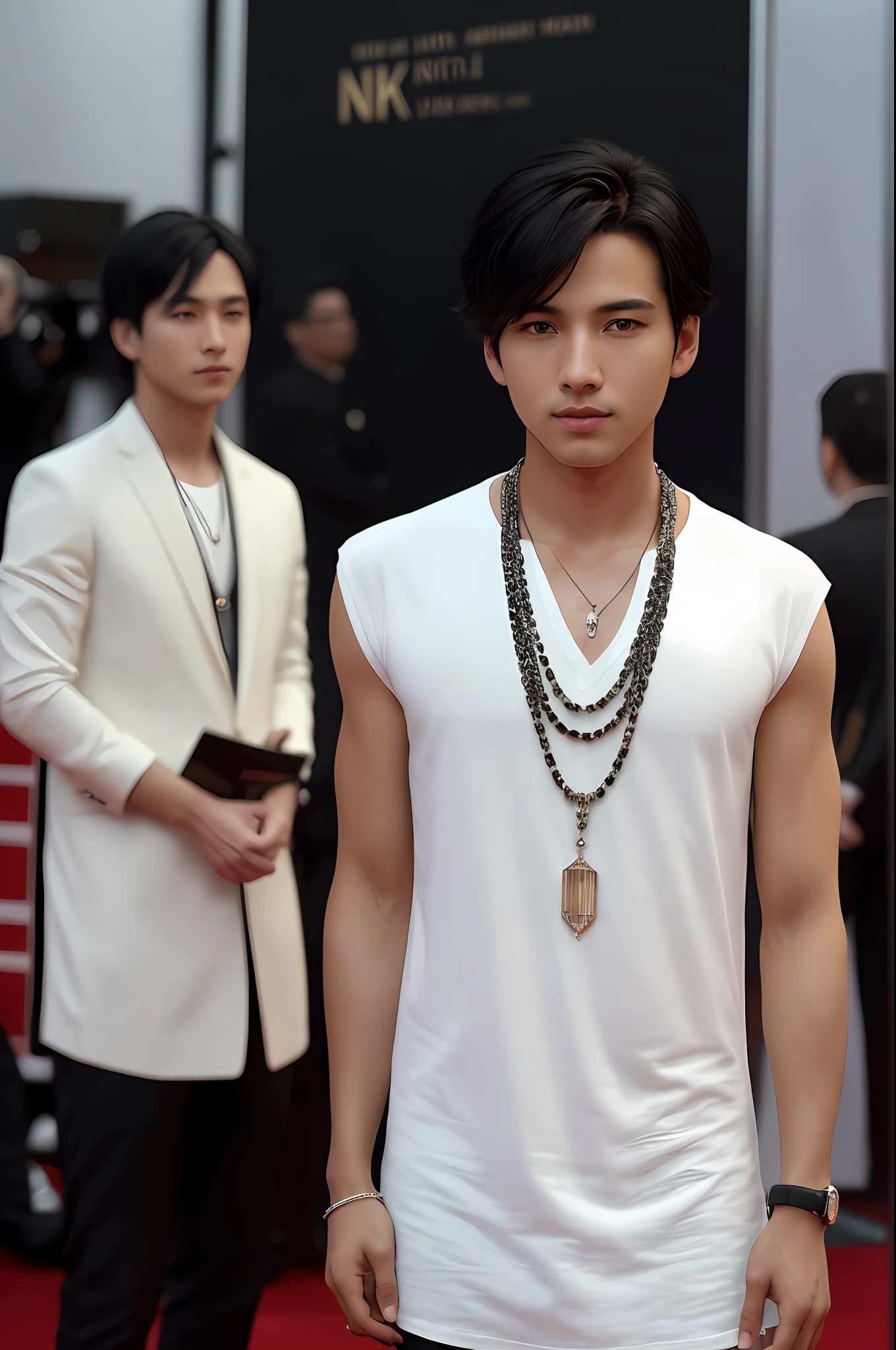 photo of (nk1nsky:0.99), a handsome boy, young, black hair, white skin, like a movie star, modelshoot style, (extremely detailed CG 8k wallpaper unit), photo of the most beautiful artwork in the world, majestic professional oil painting by Ed Blinkey, Atey Ghailan, Studio Ghibli, by Jeremy Mann, Greg Manchess, Antonio Moro,  trend in ArtStation, trend in CGSociety, Intricate, High Detail, sharp focus, dramatic and photorealistic painting art by Midjourney and Greg Rutkowski, ((Movie Premiere)), ((Standing on the Red Carpet)), ((Paparazzi in the Background)), (Looking at the Camera:1.2), (Detailed Pupils:1.3), (Modern Outfit:1.2), (Closeup:1.2), (Necklace), man, boy, 1boy