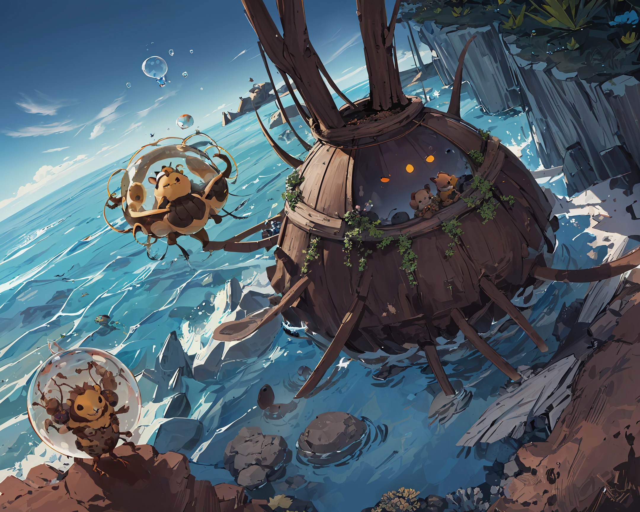point bird view of an anthill in a bubble under the sea, anthill with anthropomorphic ants dressed like as ancient warriors -variation - (100%)
