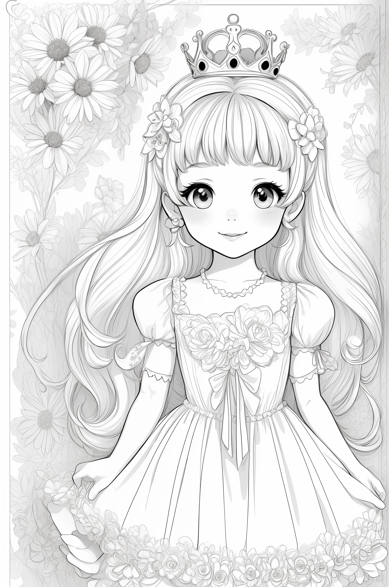 Cute little princess, stunnibg girl, masterpiece, best quality, lineart, monochrome, white background, black and white, coloring book for children, on paper, full page, free lines, art line high detailed, to print, perfect anatomy, ((white background)), flowers., 2d, 2d. cartoon. Style