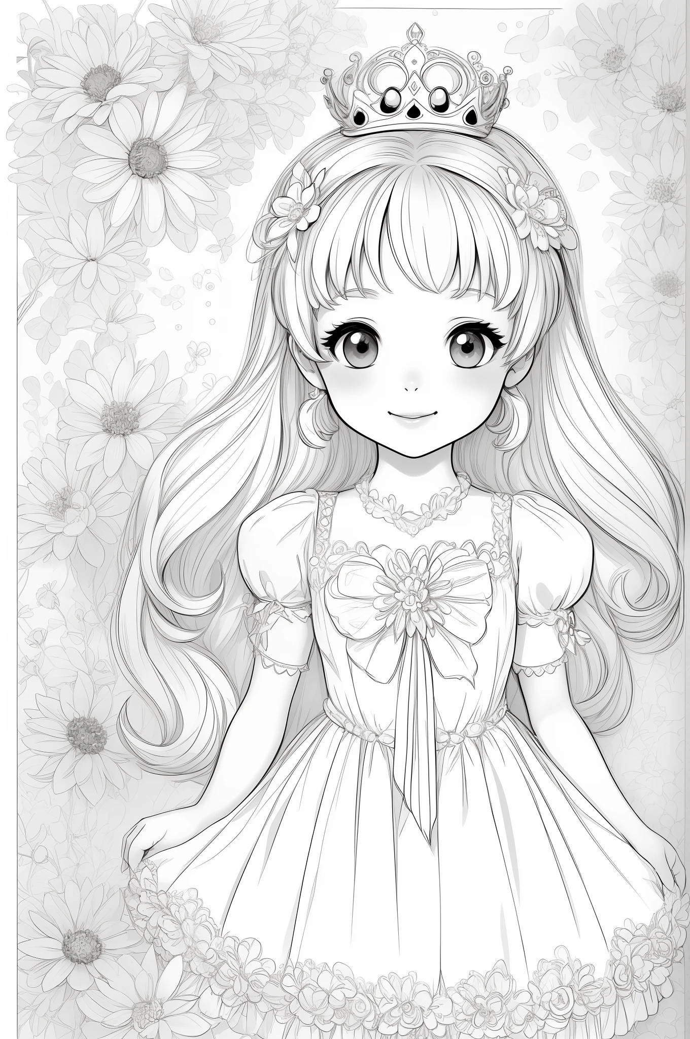 Cute little princess, stunnibg girl,   masterpiece, best quality, lineart, monochrome, white background, black and white, coloring book for children, on paper, full page, free lines, art line high detailed, to print, perfect ???????, ((white background)), flowers., 2d, 2d. cartoon. Style