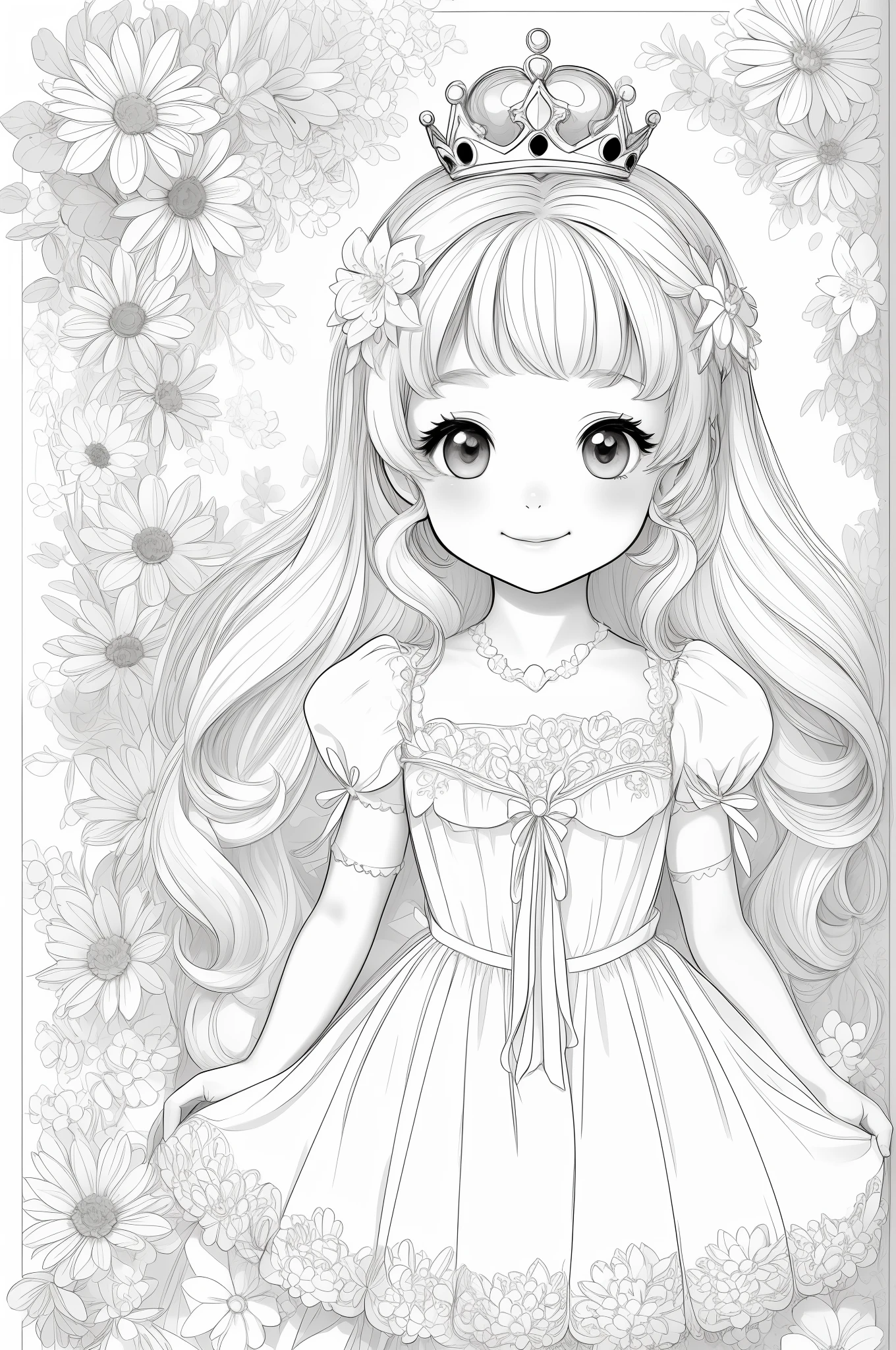 Cute little princess, stunnibg girl, masterpiece, best quality, lineart, monochrome, white background, black and white, coloring book for children, on paper, full page, free lines, art line high detailed, to print, perfect anatomy, ((white background)), flowers., 2d, 2d. cartoon. Style