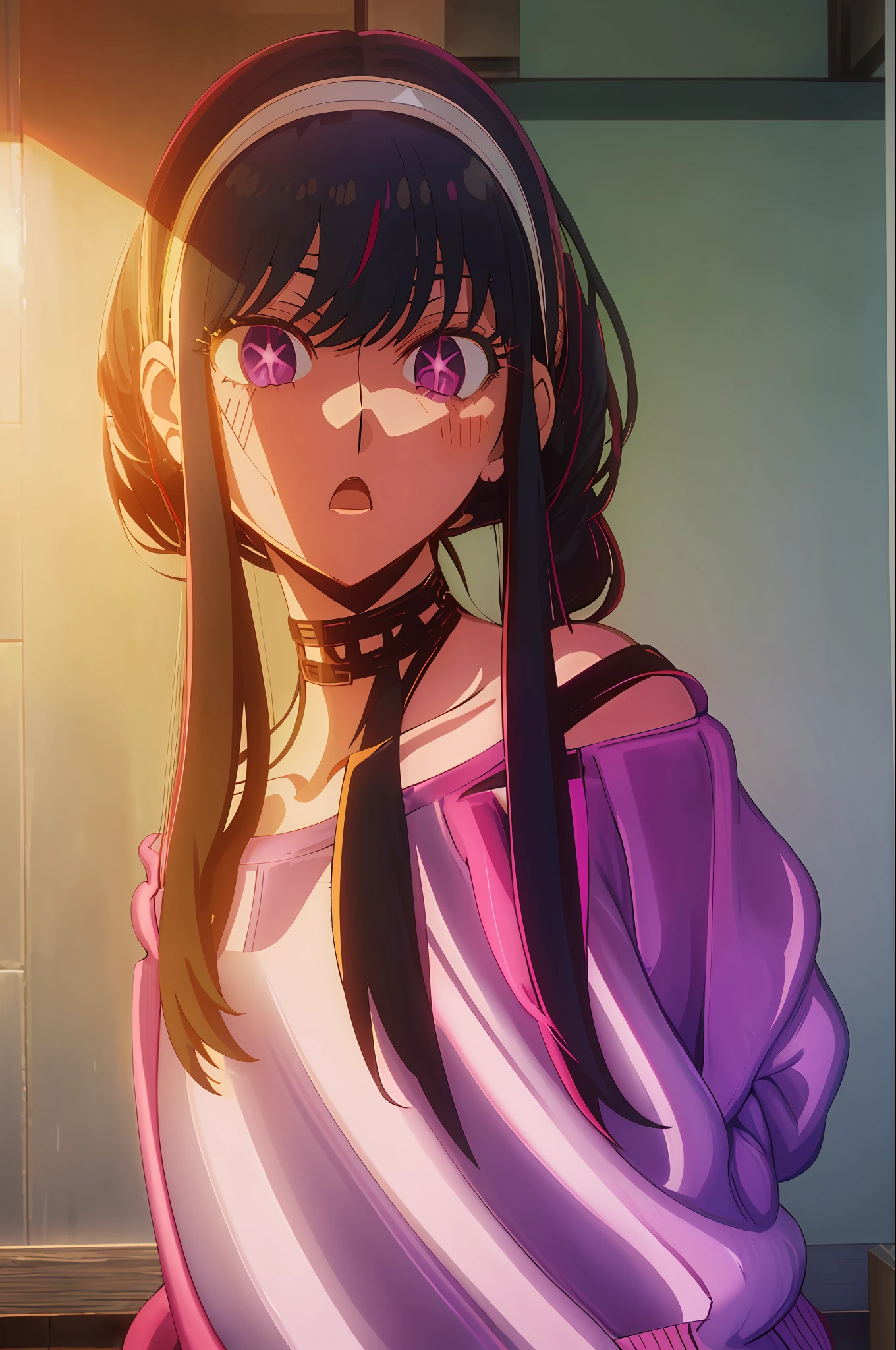 upper body, yor, 1girl, solo, off-shoulder sweater, red sweater, collarbone, black hair, purple eyes, purple hair, short hair, short hair with long locks, bangs, sidelocks, white hairband, looking at viewer, :o, simple background, arms behind back